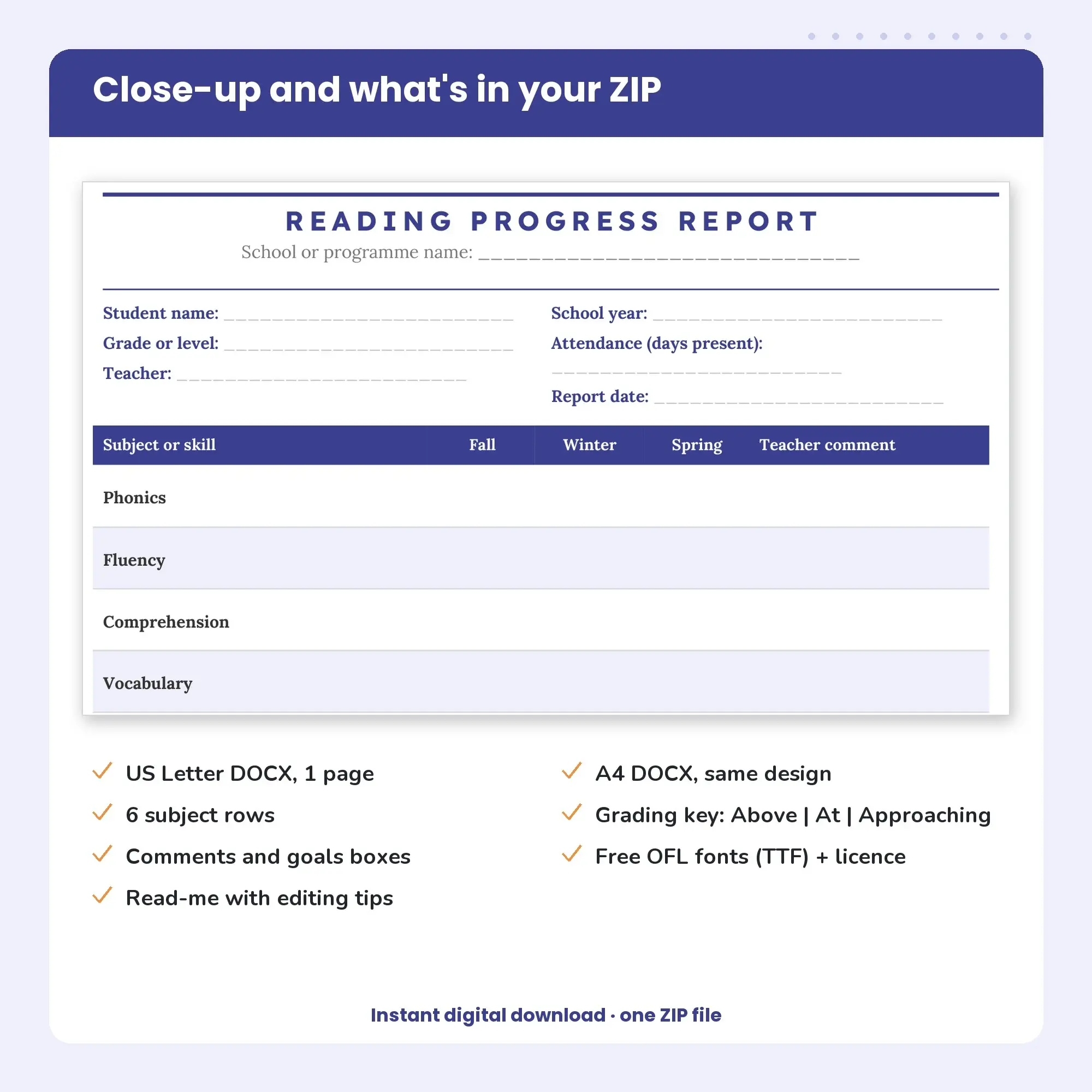 Reading Progress Report Template, Centred Header (DOCX), preview 2 of 2