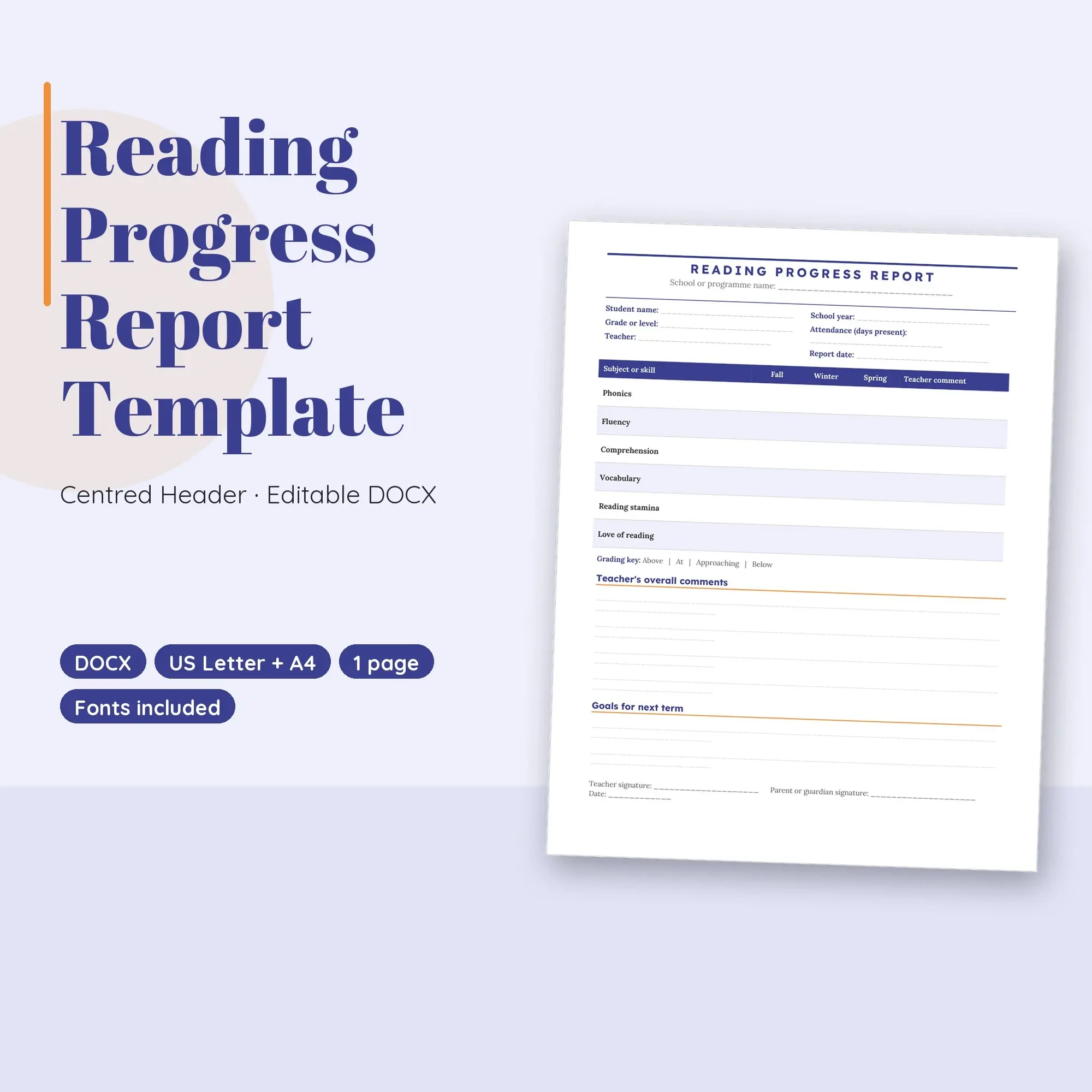 Reading Progress Report Template, Centred Header (DOCX) preview