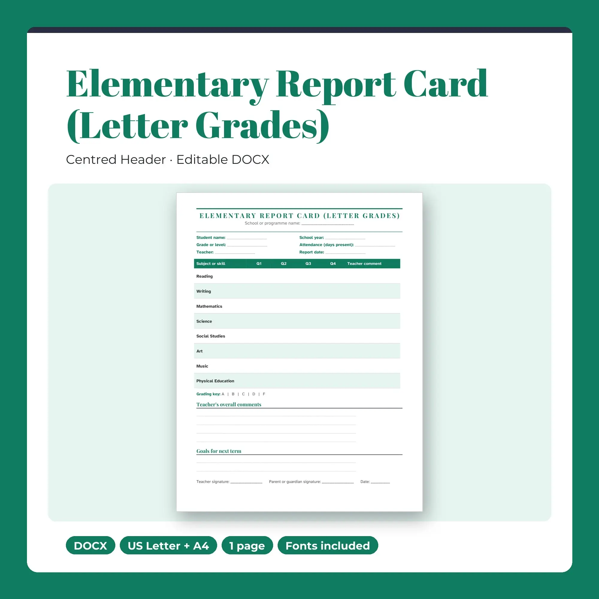 Elementary Report Card (Letter Grades) Template, Centred Header (DOCX) preview