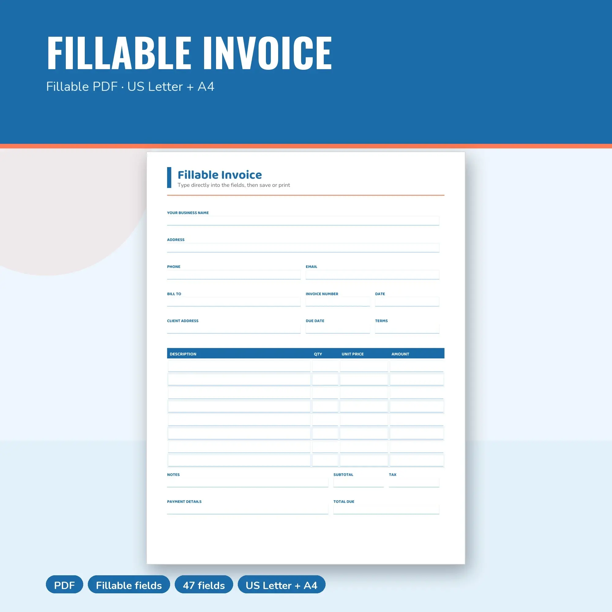 Fillable Invoice PDF, Fillable Form (US Letter + A4) preview