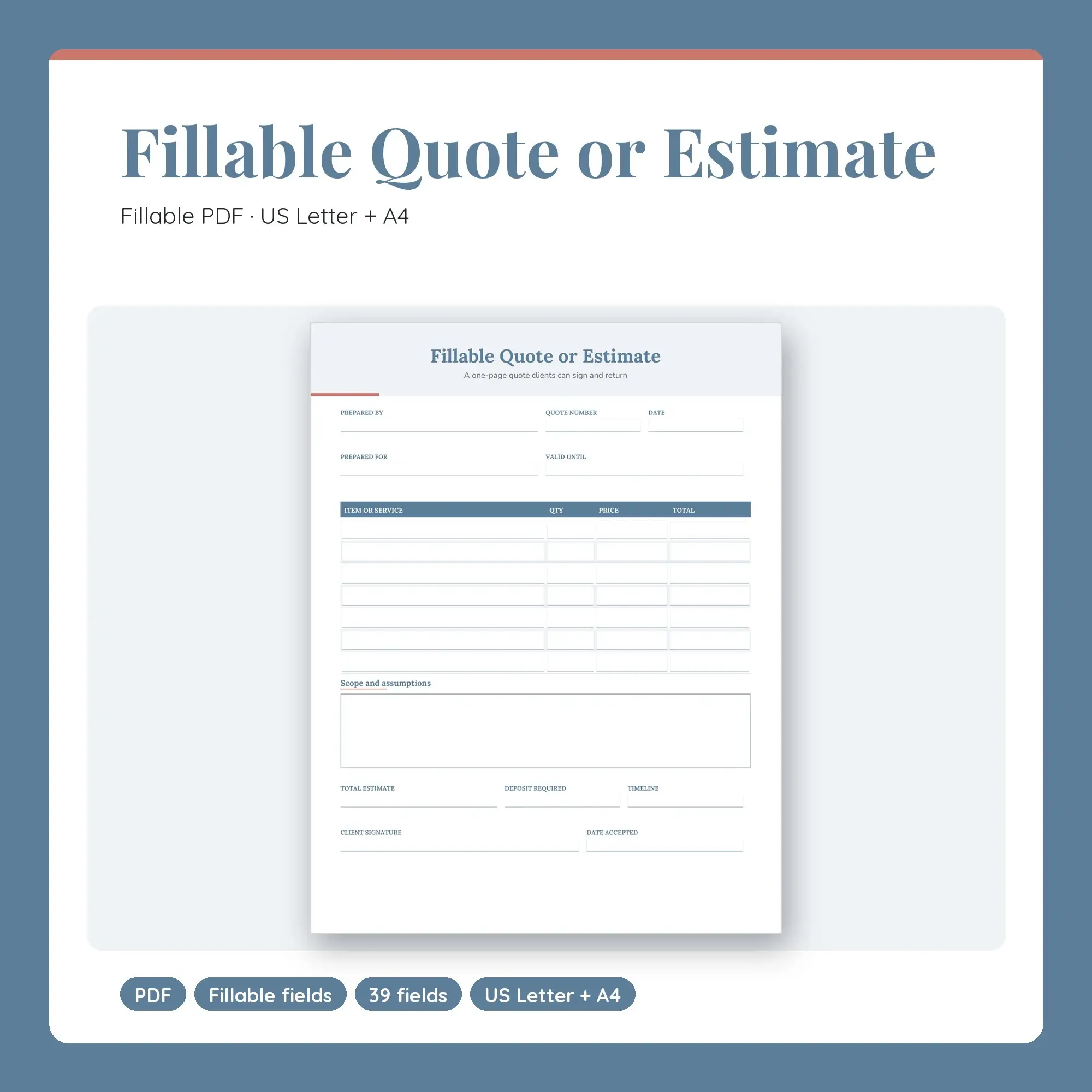 Fillable Quote or Estimate PDF, Fillable Form (US Letter + A4) preview