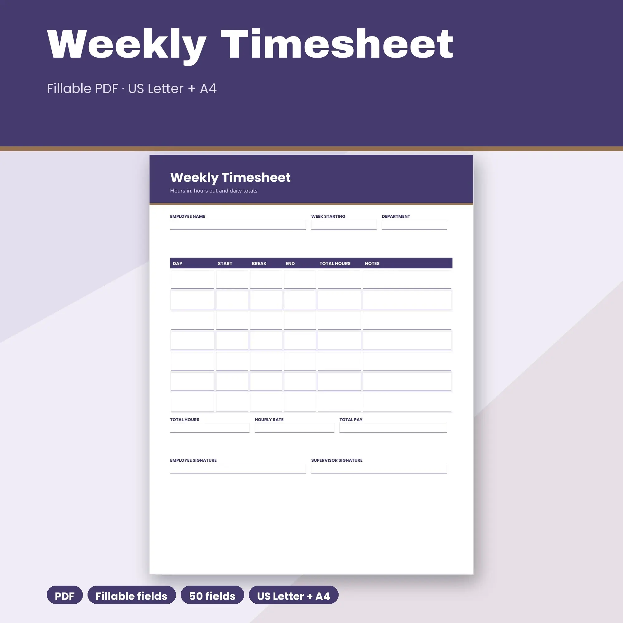Weekly Timesheet PDF, Fillable Form (US Letter + A4) preview