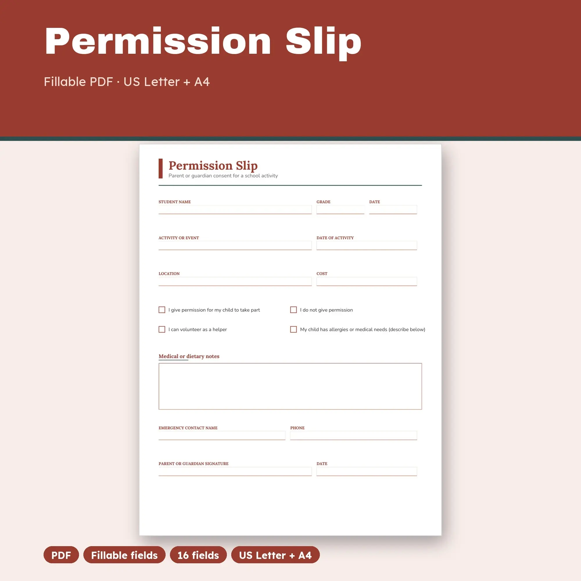 Permission Slip PDF, Fillable Form (US Letter + A4), preview 1 of 2