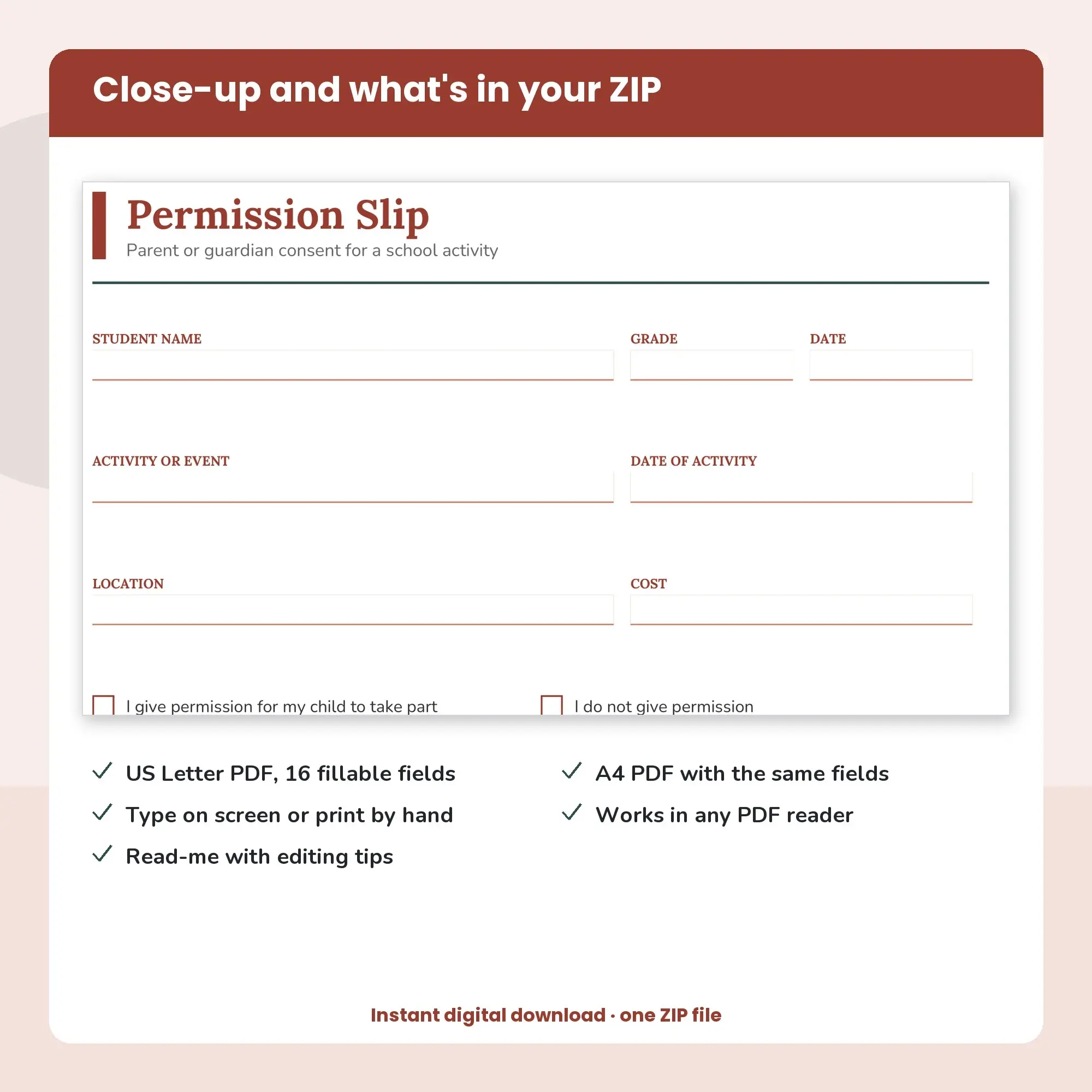 Permission Slip PDF, Fillable Form (US Letter + A4), preview 2 of 2