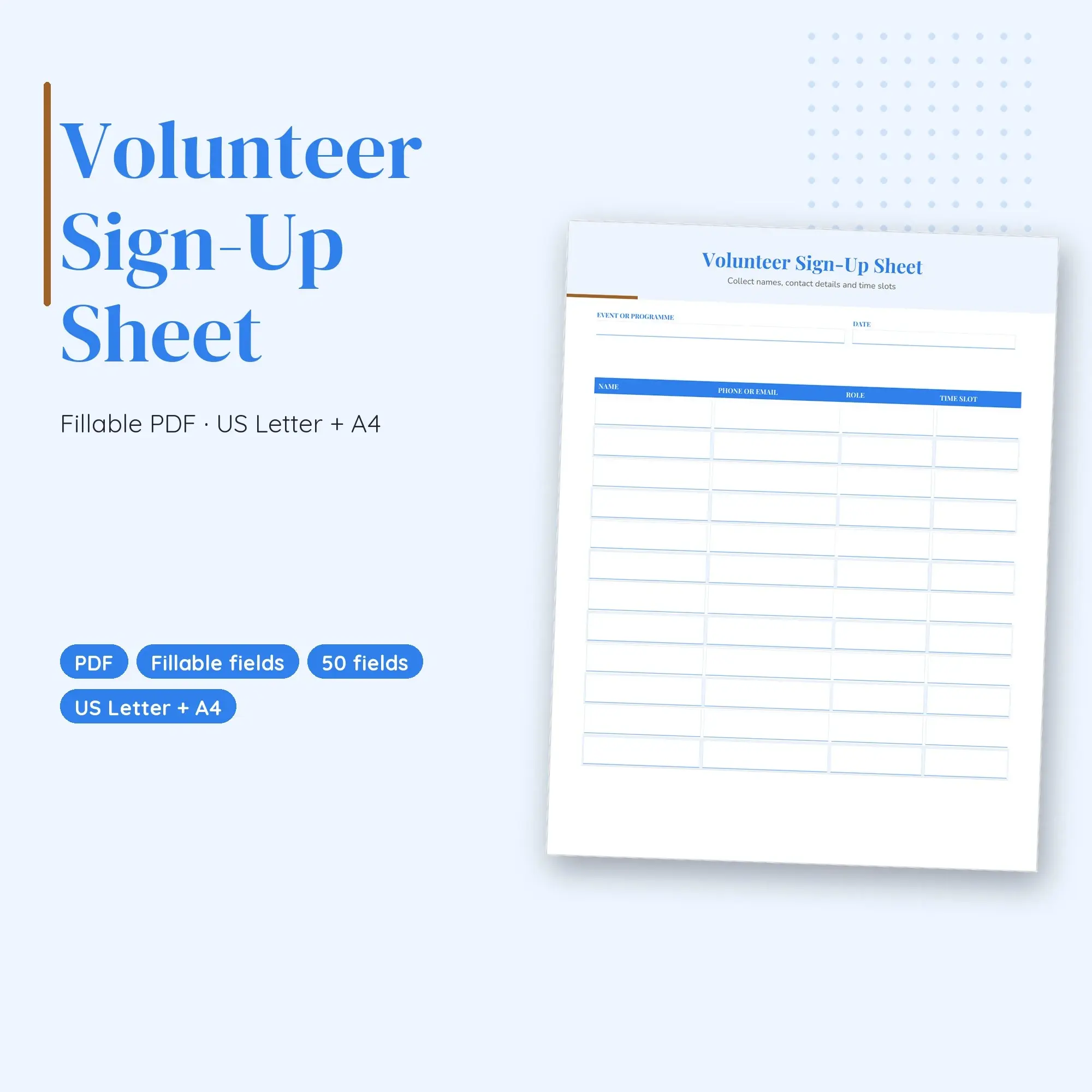 Volunteer Sign-Up Sheet PDF, Fillable Form (US Letter + A4) preview