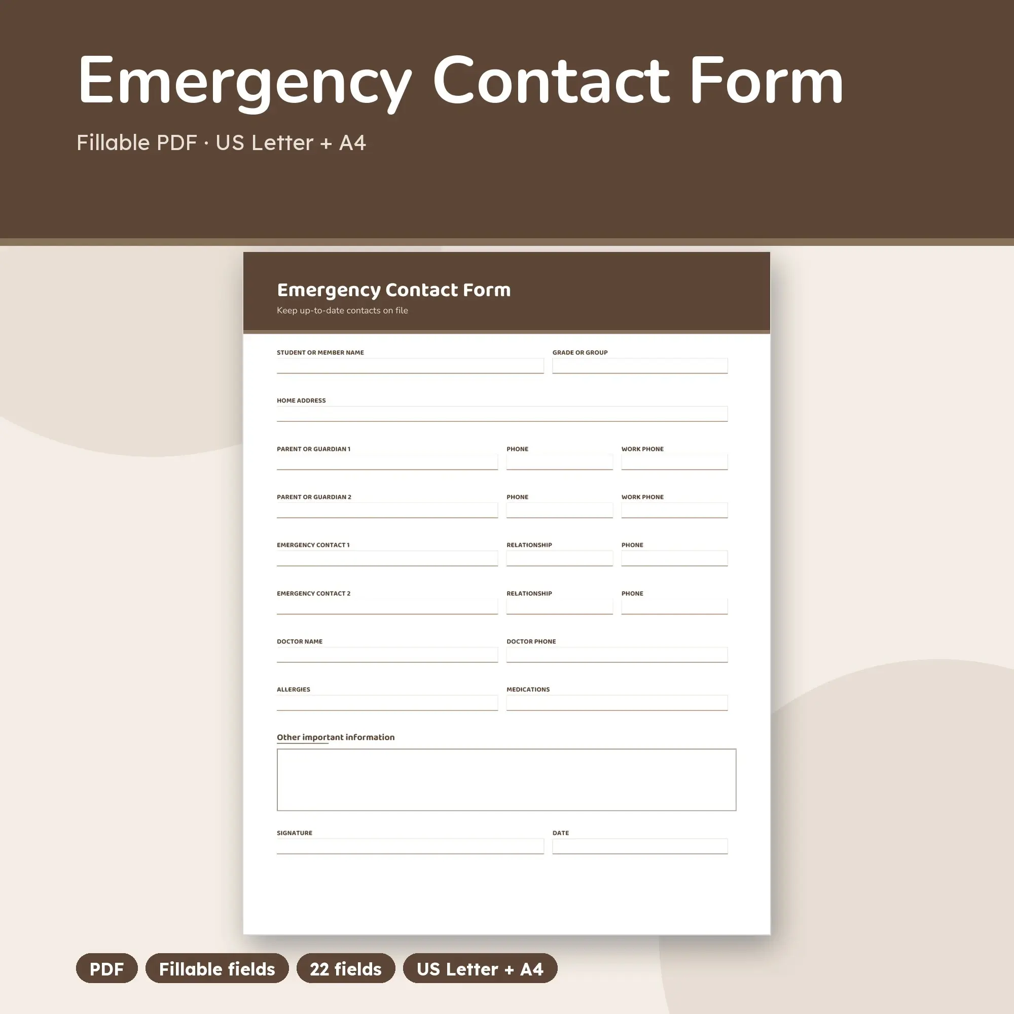 Emergency Contact Form PDF, Fillable Form (US Letter + A4) preview