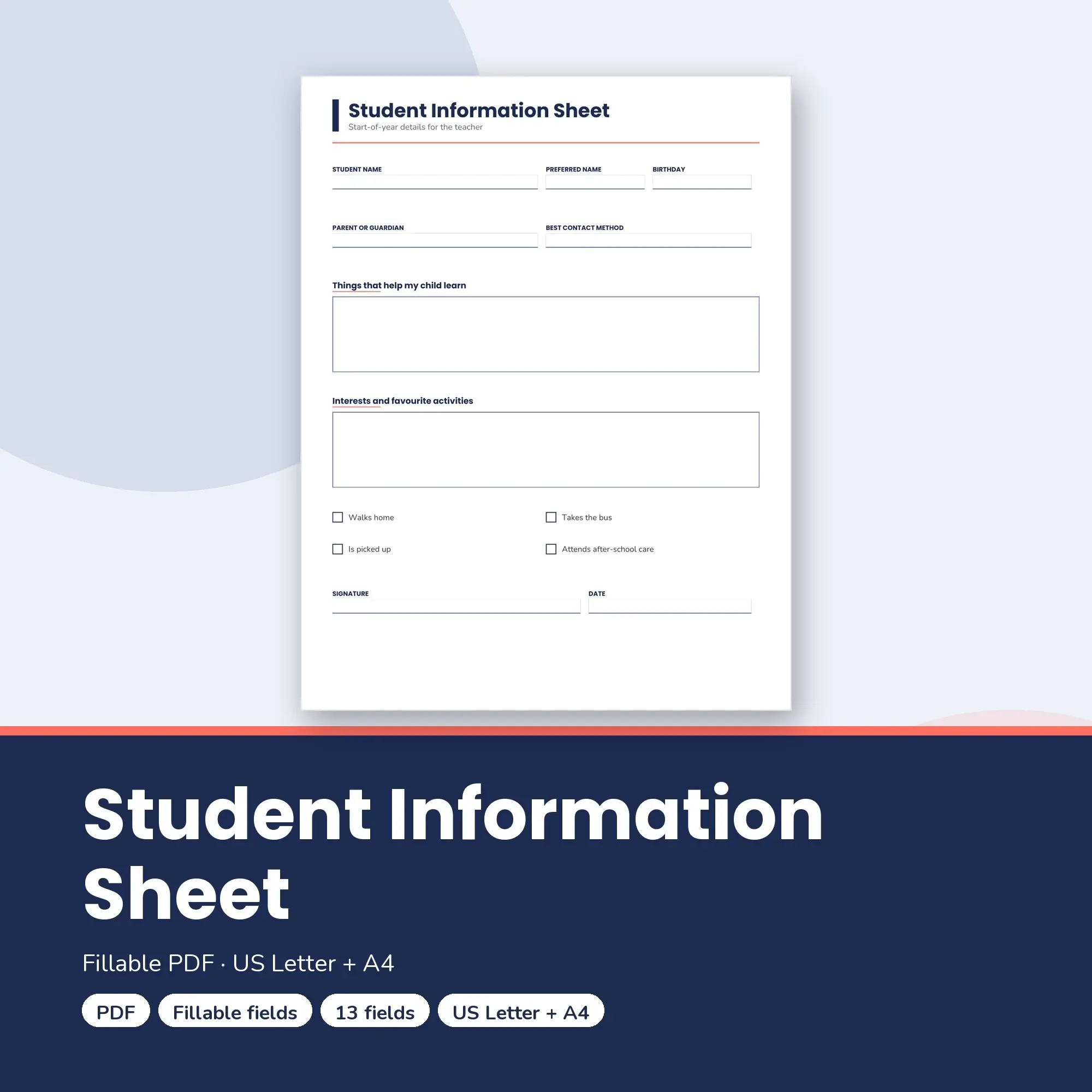 Student Information Sheet PDF, Fillable Form (US Letter + A4) preview
