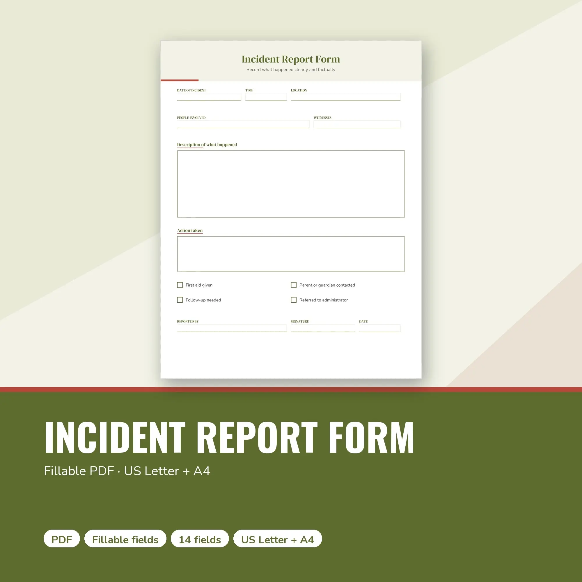 Incident Report Form PDF, Fillable Form (US Letter + A4), preview 1 of 2