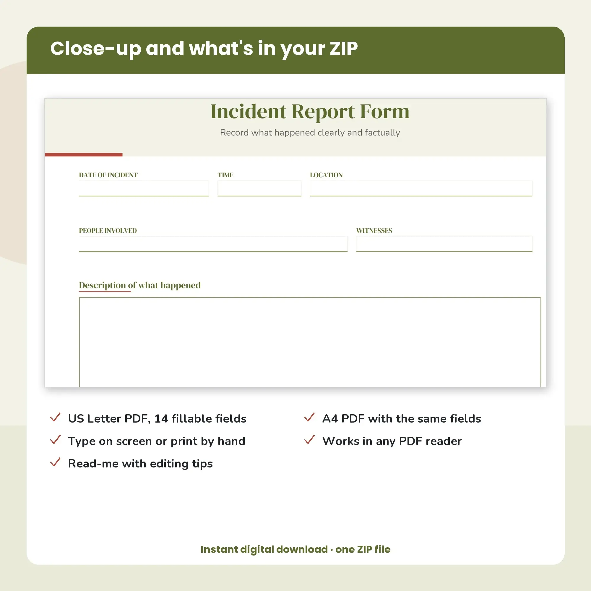 Incident Report Form PDF, Fillable Form (US Letter + A4), preview 2 of 2