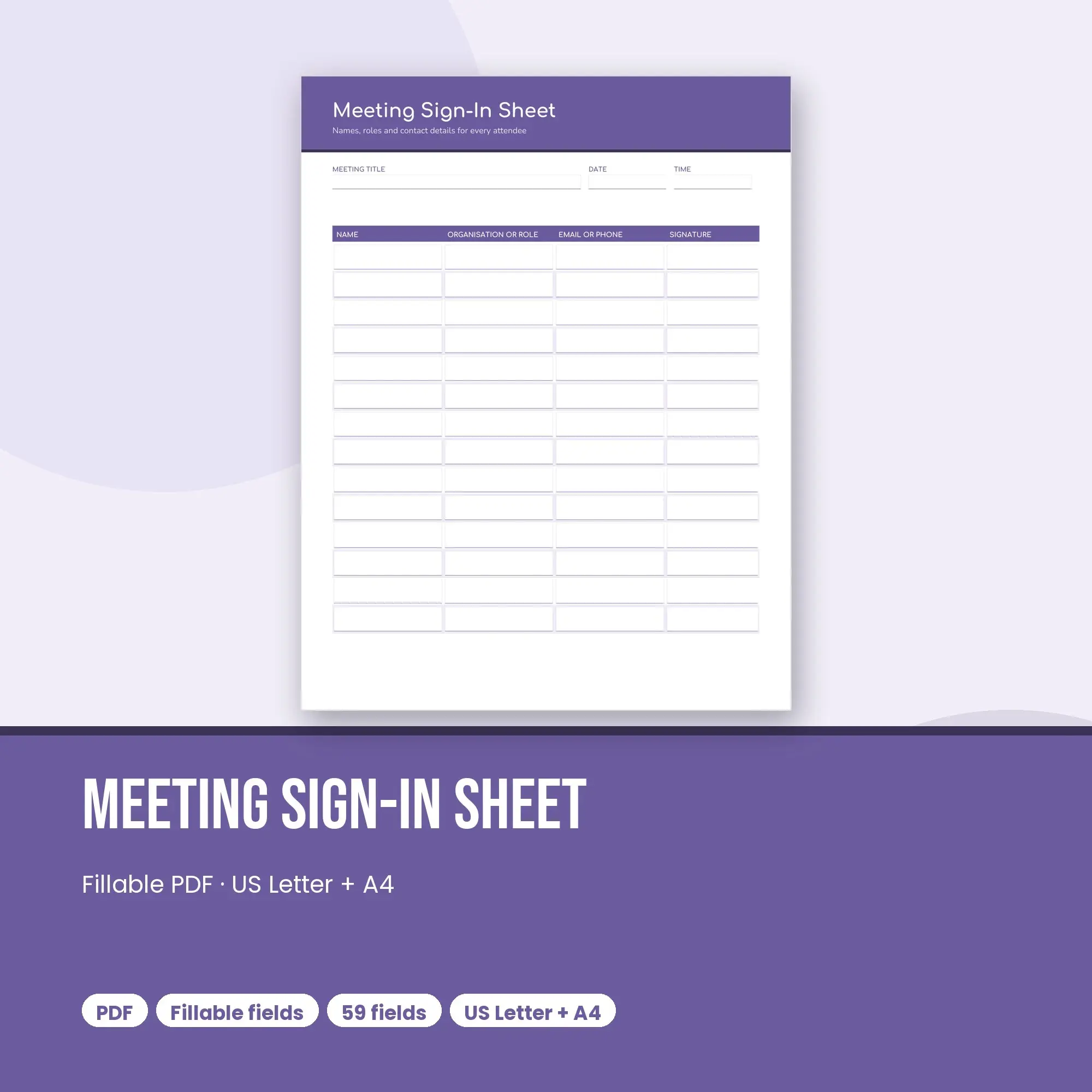 Meeting Sign-In Sheet PDF, Fillable Form (US Letter + A4) preview