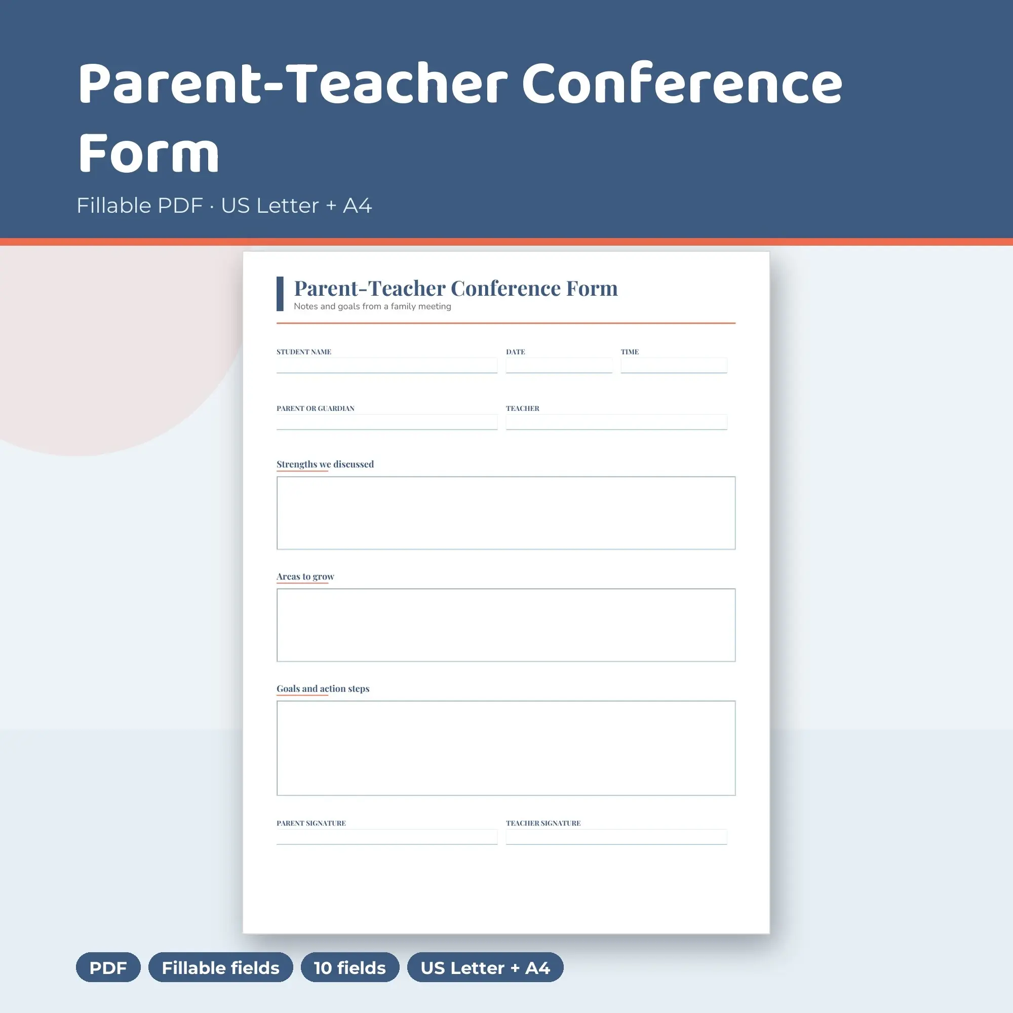 Parent-Teacher Conference Form PDF, Fillable Form (US Letter + A4), preview 1 of 2