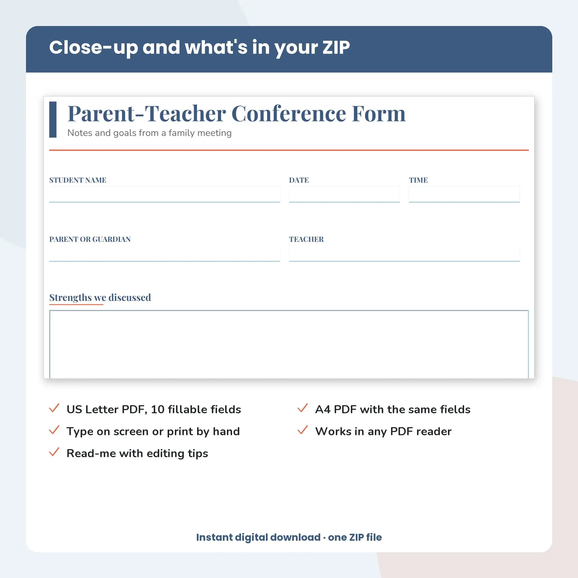 Parent-Teacher Conference Form PDF, Fillable Form (US Letter + A4), preview 2 of 2