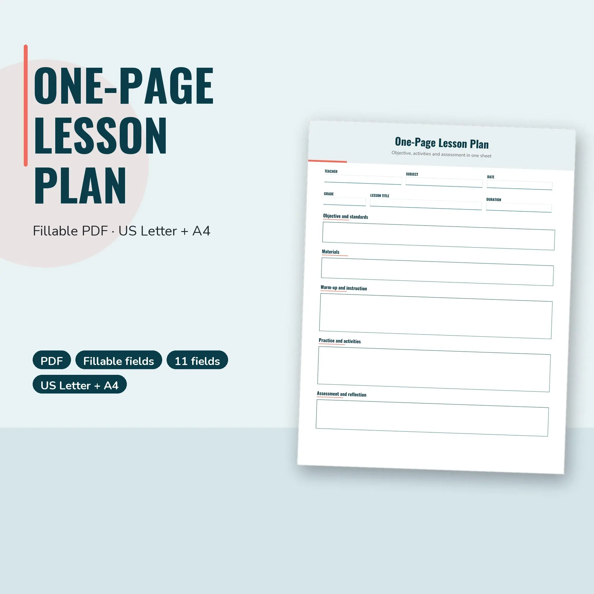 One-Page Lesson Plan PDF, Fillable Form (US Letter + A4) preview