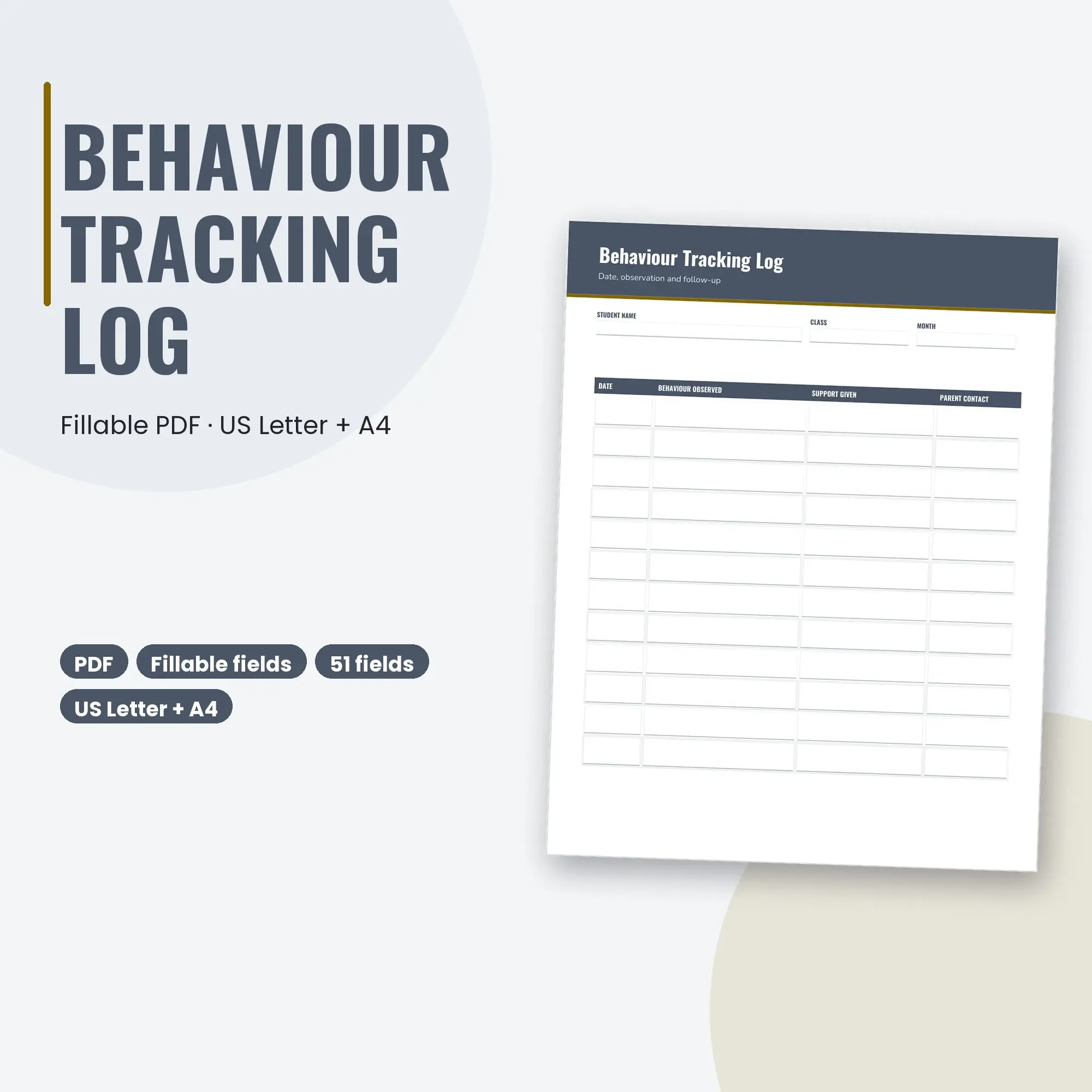 Behaviour Tracking Log PDF, Fillable Form (US Letter + A4) preview