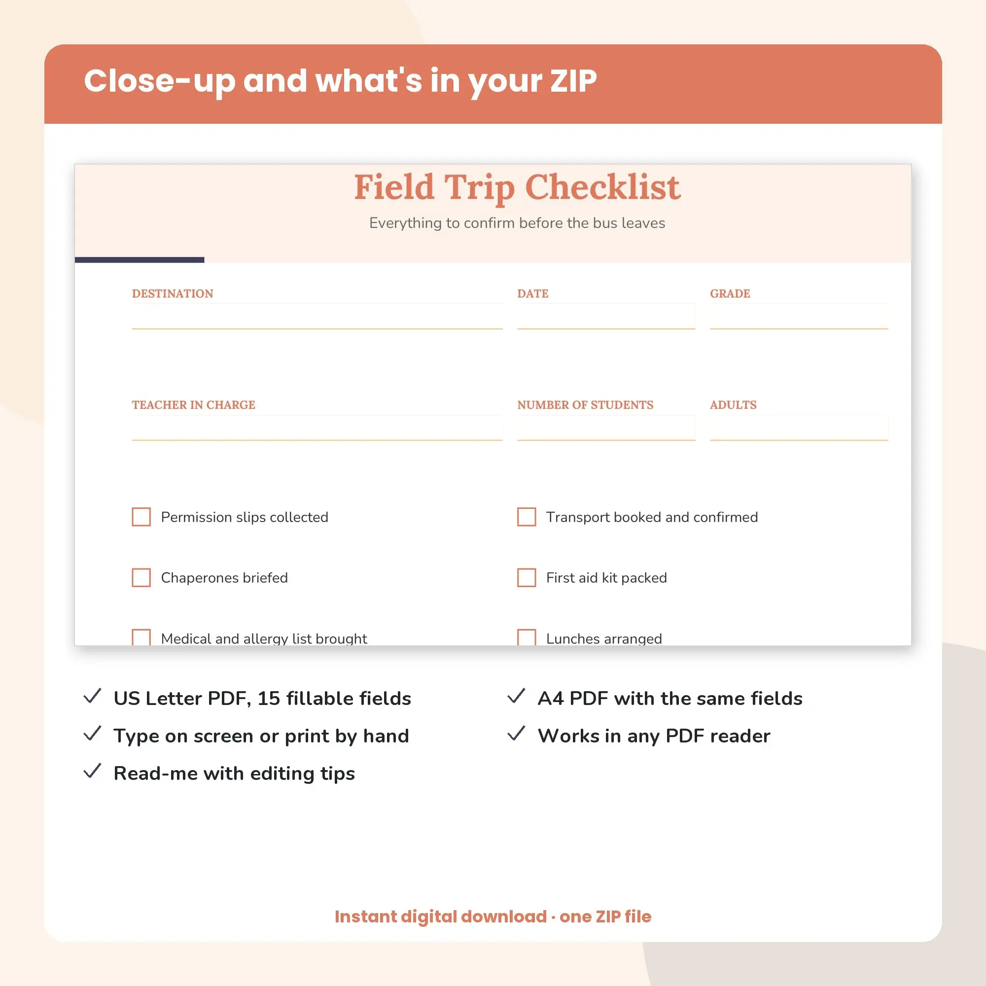 Field Trip Checklist PDF, Fillable Form (US Letter + A4), preview 2 of 2