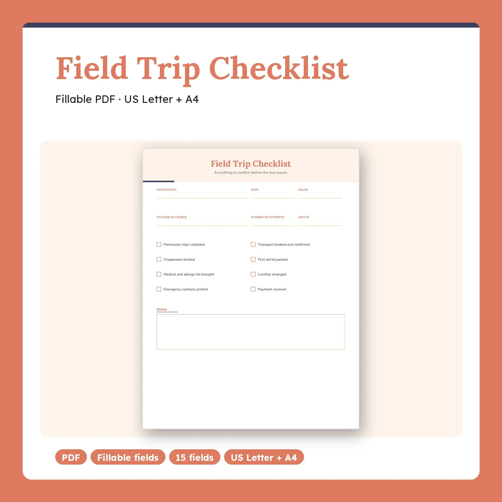 Field Trip Checklist PDF, Fillable Form (US Letter + A4) preview