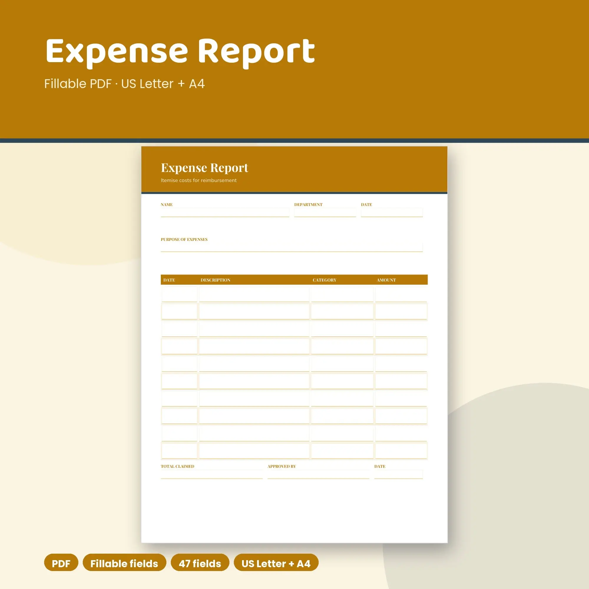Expense Report PDF, Fillable Form (US Letter + A4) preview