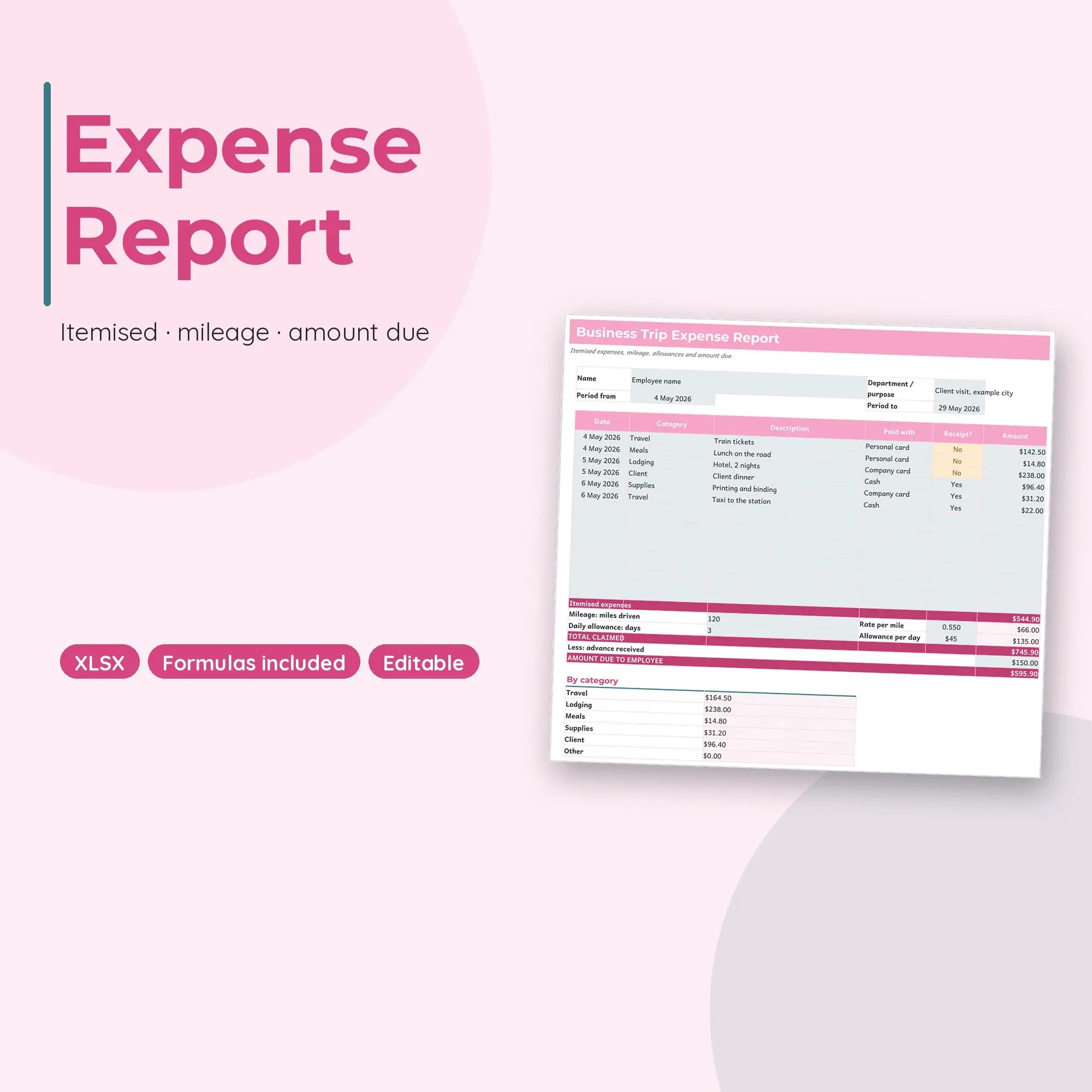 Expense Report Template Spreadsheet, Business Trip Reimbursement Form (XLSX) preview