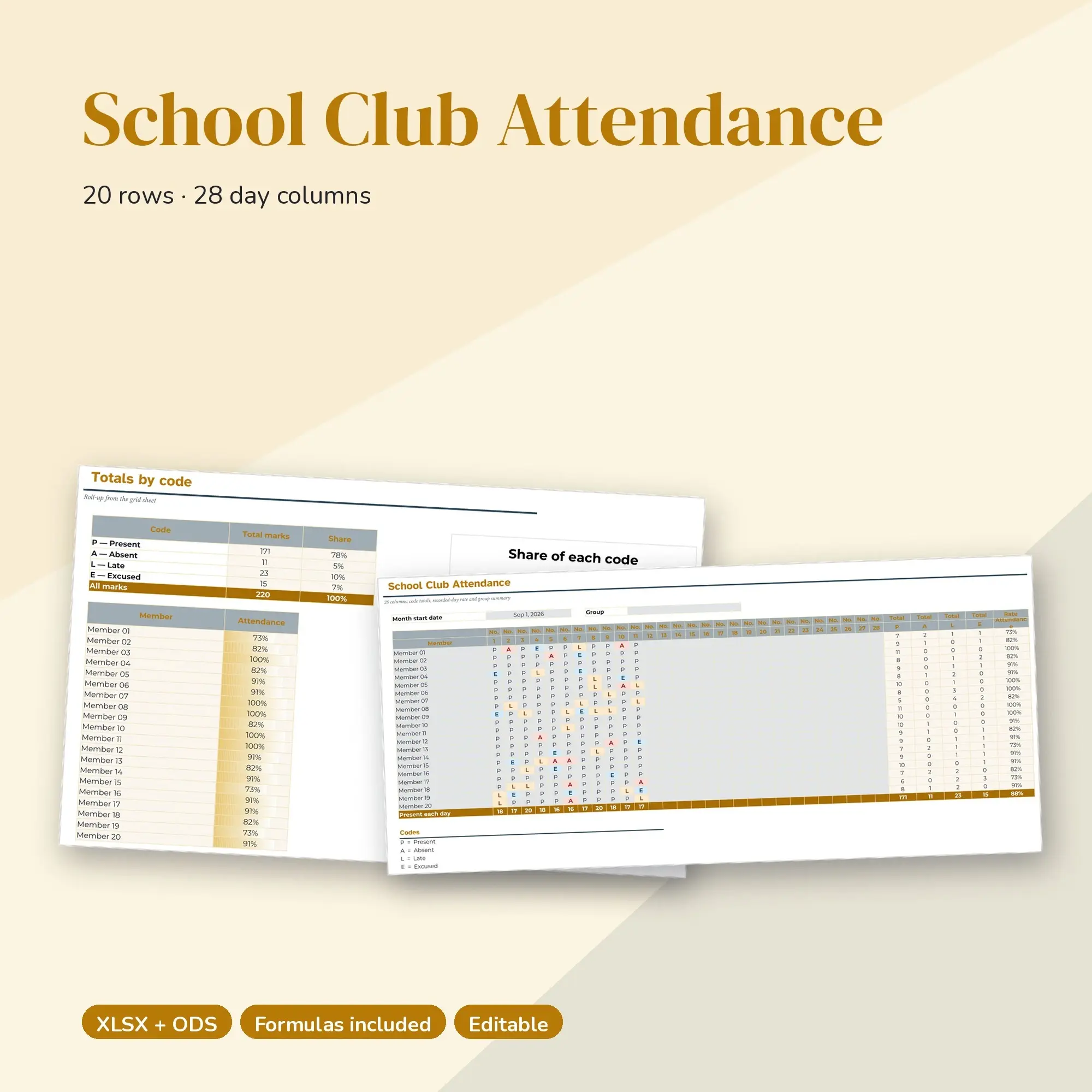 School Club Attendance Spreadsheet, Four Week 20-Row Register (XLSX + ODS) preview