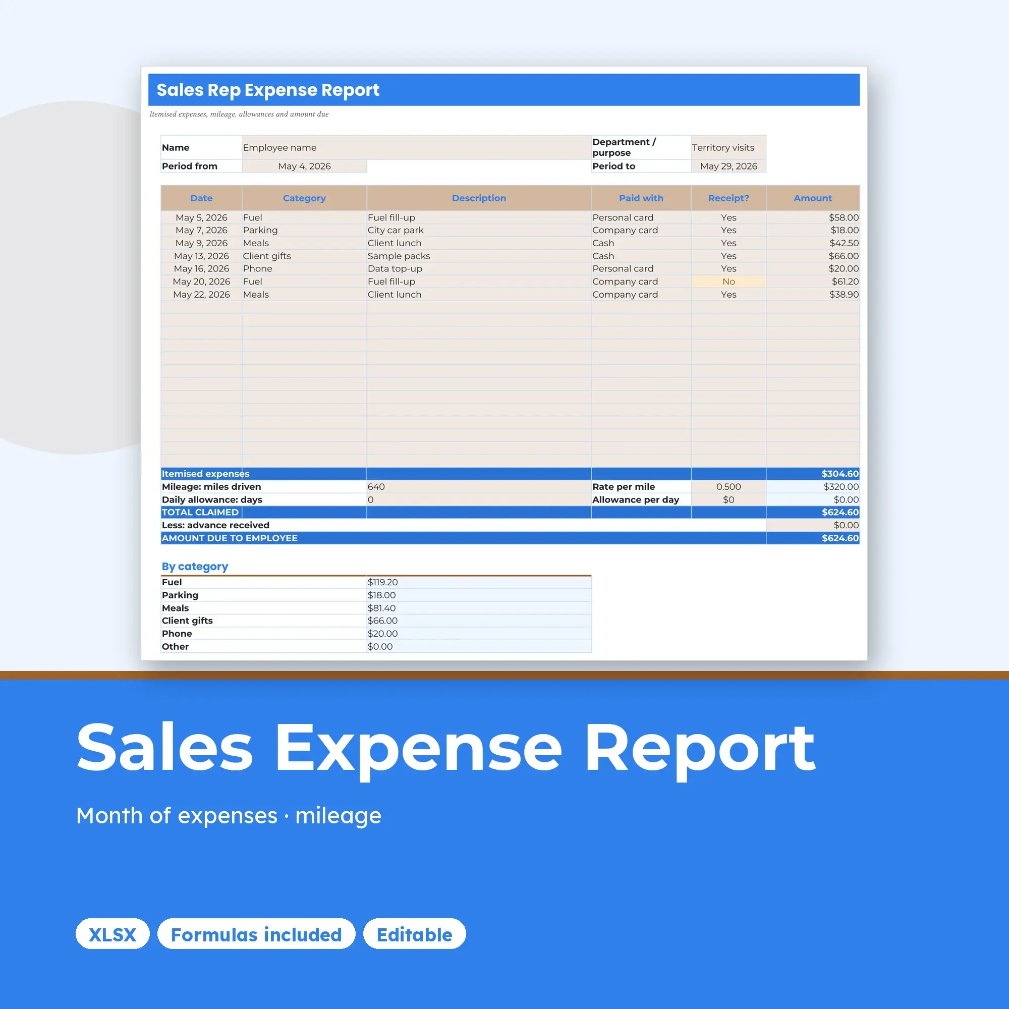 Monthly Expense Report Spreadsheet for Sales Reps, Mileage and Meals (XLSX + ODS + CSV) preview