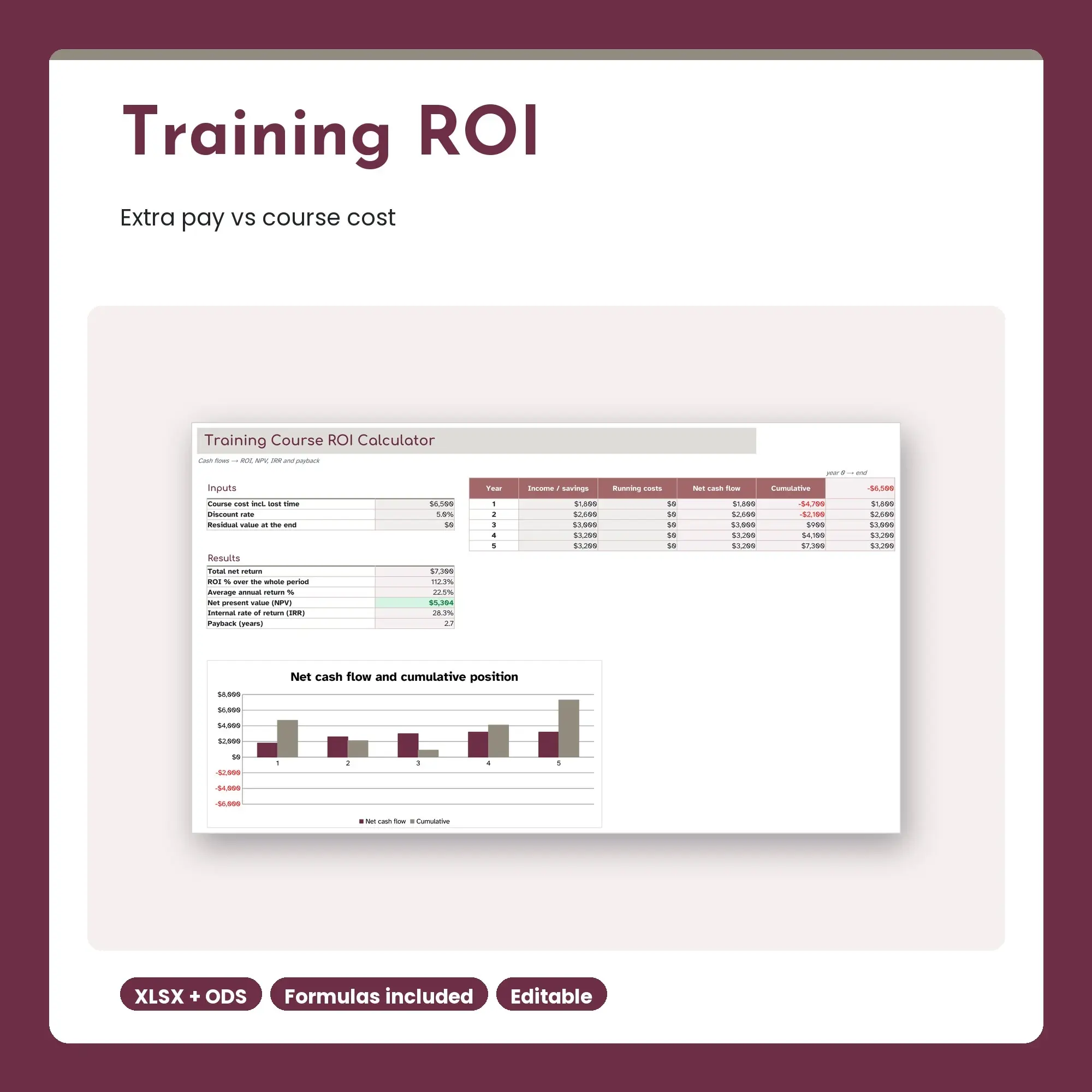 Course or Training ROI Spreadsheet, Is the Qualification Worth It (XLSX + ODS) preview