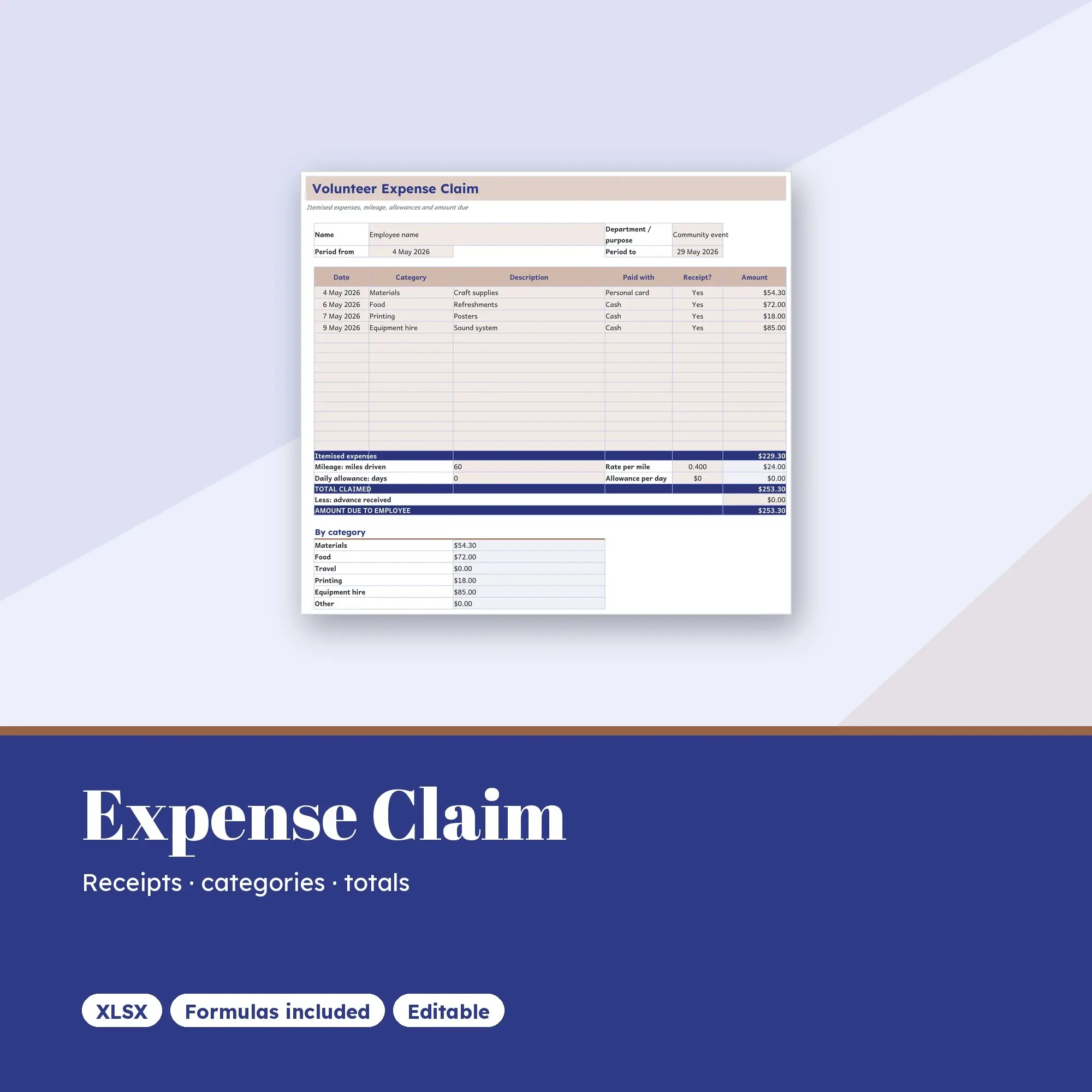 Volunteer and Club Expense Claim Spreadsheet, Reimbursement Tracker (XLSX) preview
