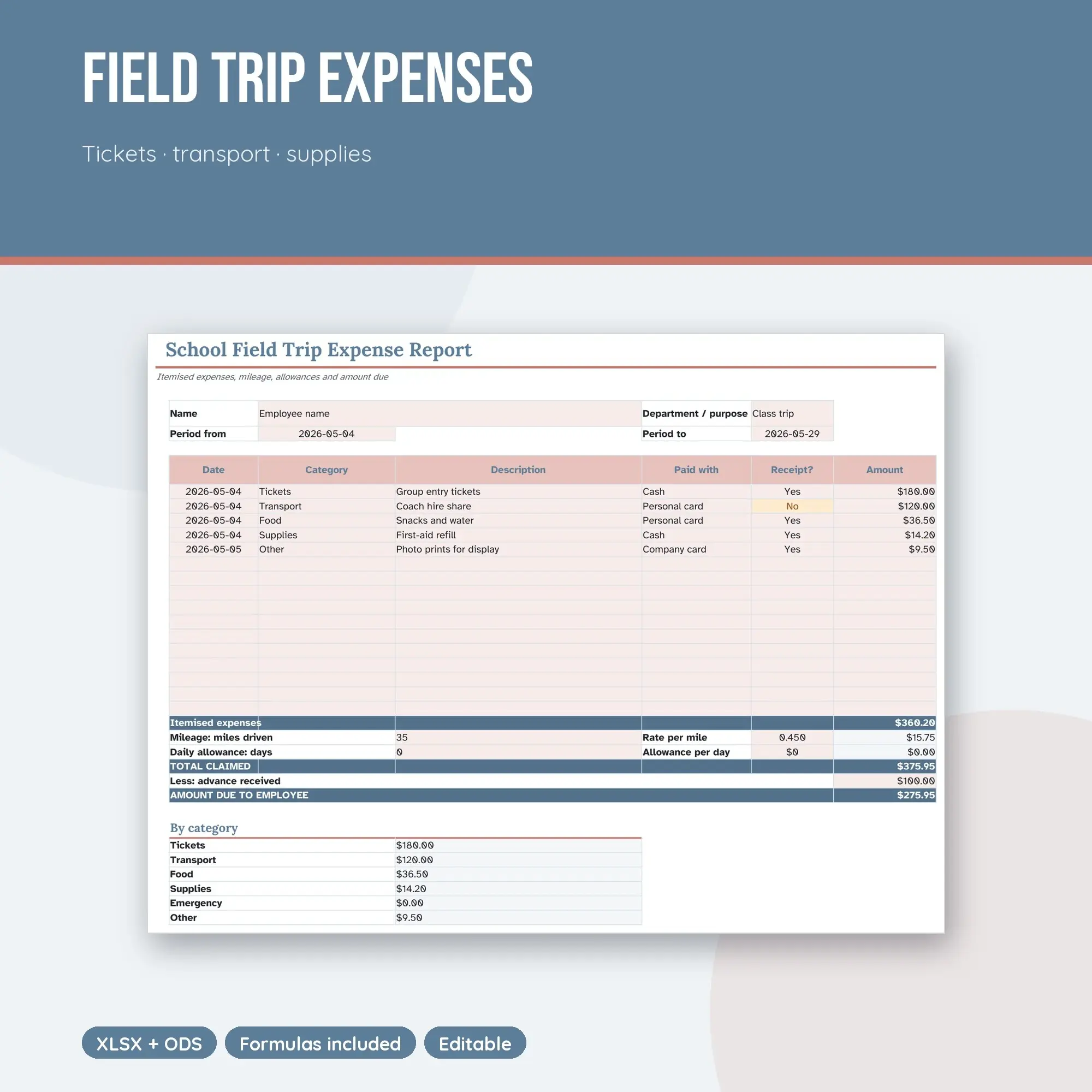 School Field Trip Expense Report Spreadsheet, Reimbursement Form (XLSX + ODS) preview