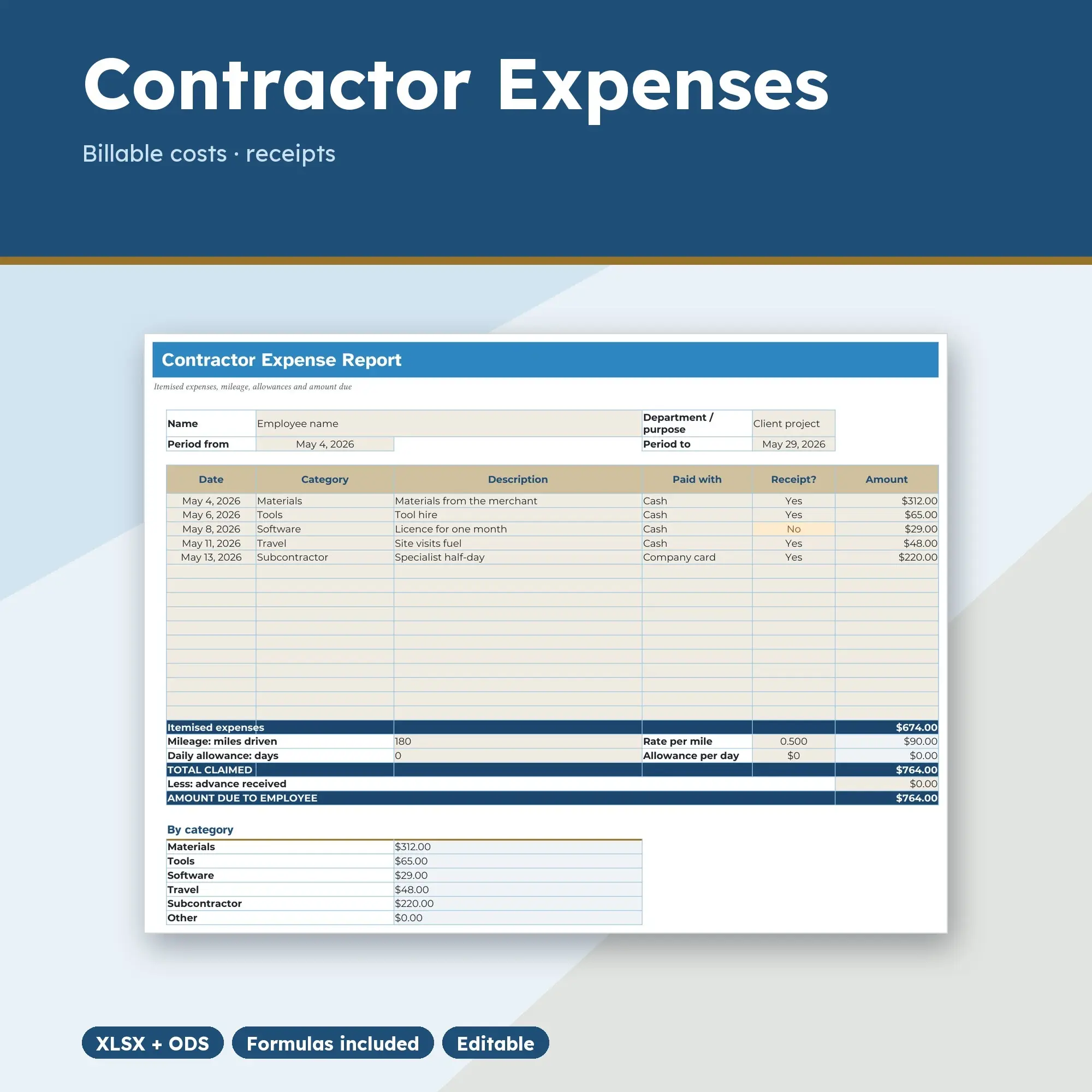 Contractor Expense Report Spreadsheet, Billable Costs and Receipts (XLSX + ODS) preview