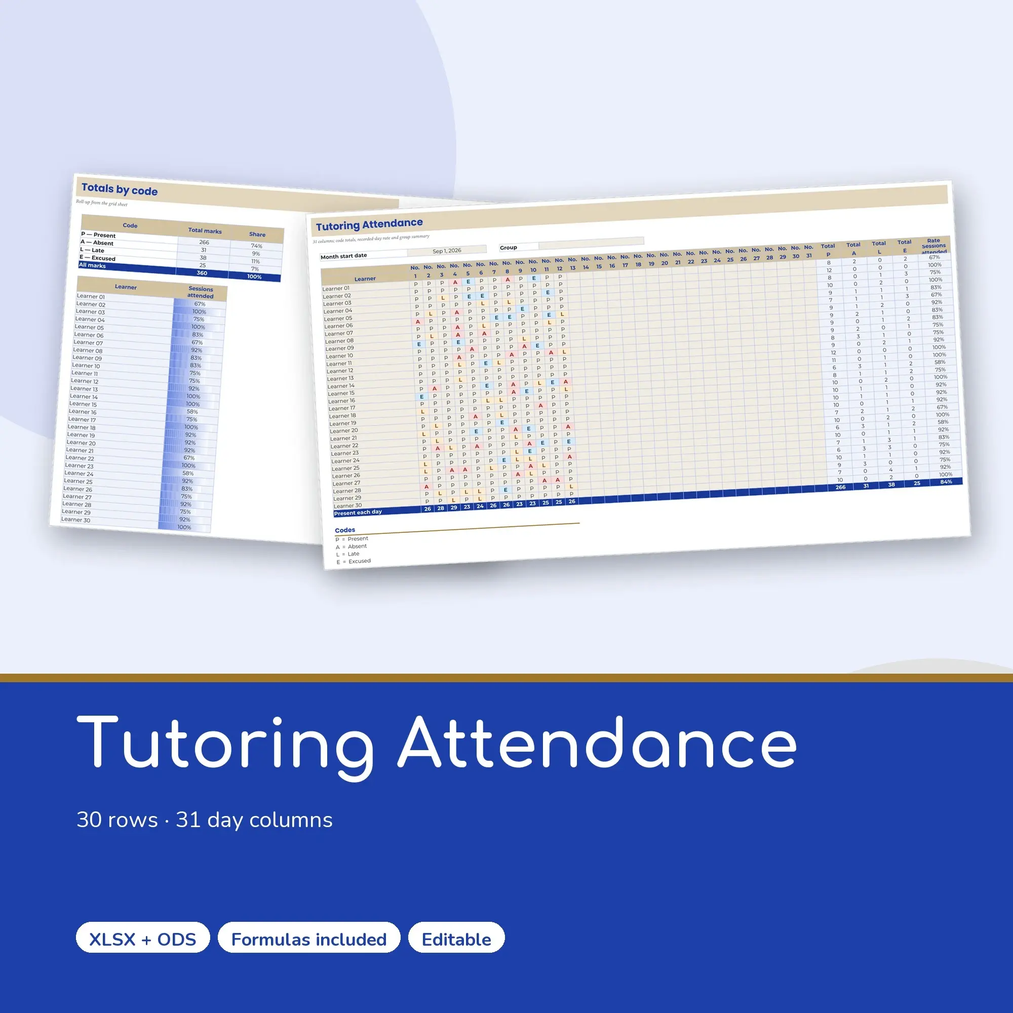 Tutoring Attendance Spreadsheet, Monthly 30-Row Register (XLSX + ODS) preview