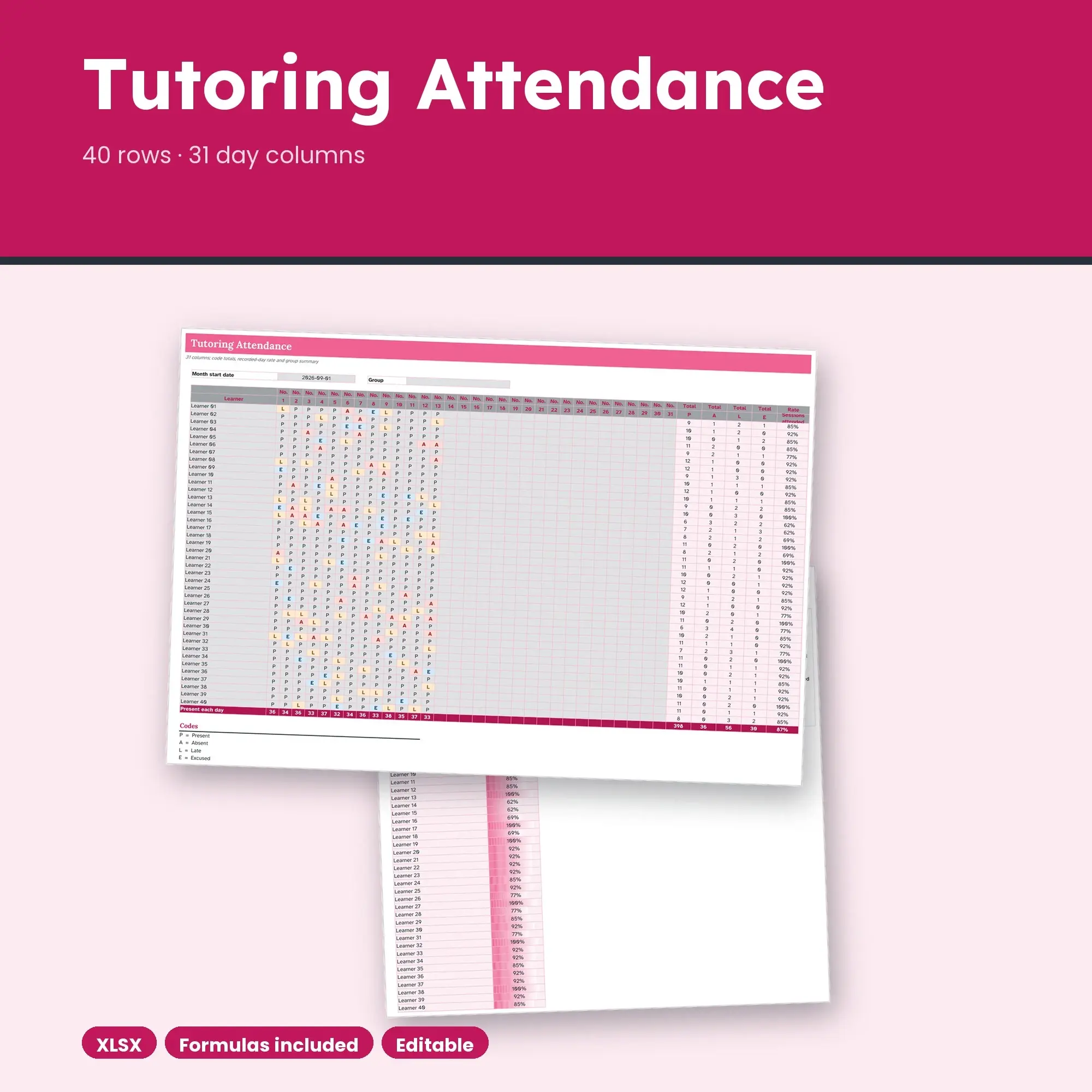 Tutoring Attendance Spreadsheet, Large Group 40-Row Register (XLSX), preview 1 of 2