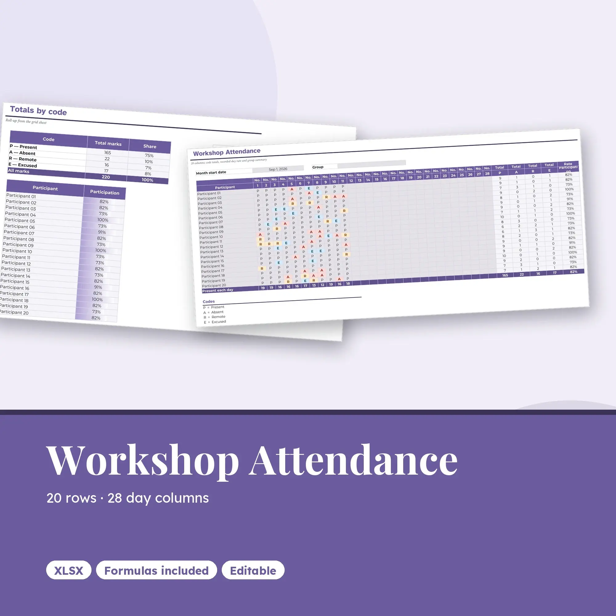 Workshop Attendance Spreadsheet, Four Week 20-Row Register (XLSX) preview
