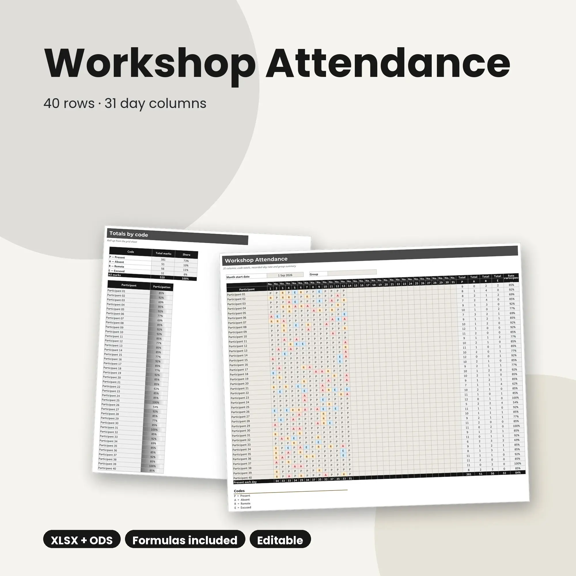 Workshop Attendance Spreadsheet, Large Group 40-Row Register (XLSX + ODS) preview