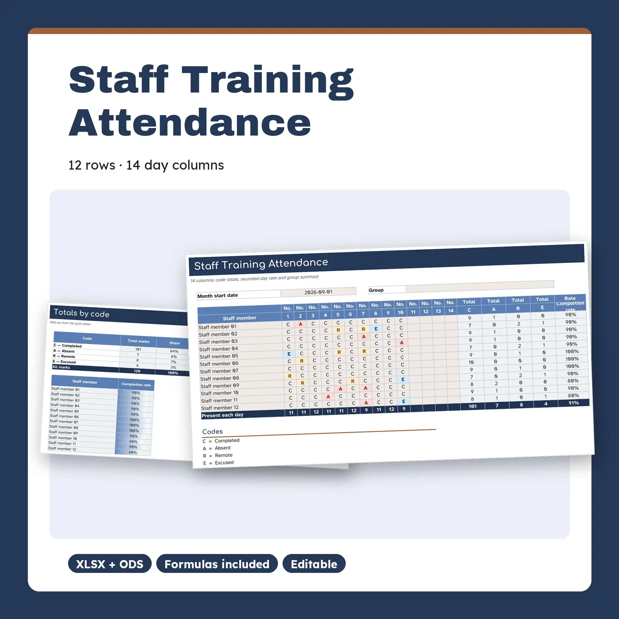 Staff Training Attendance Spreadsheet, Fortnight 12-Row Register (XLSX + ODS) preview