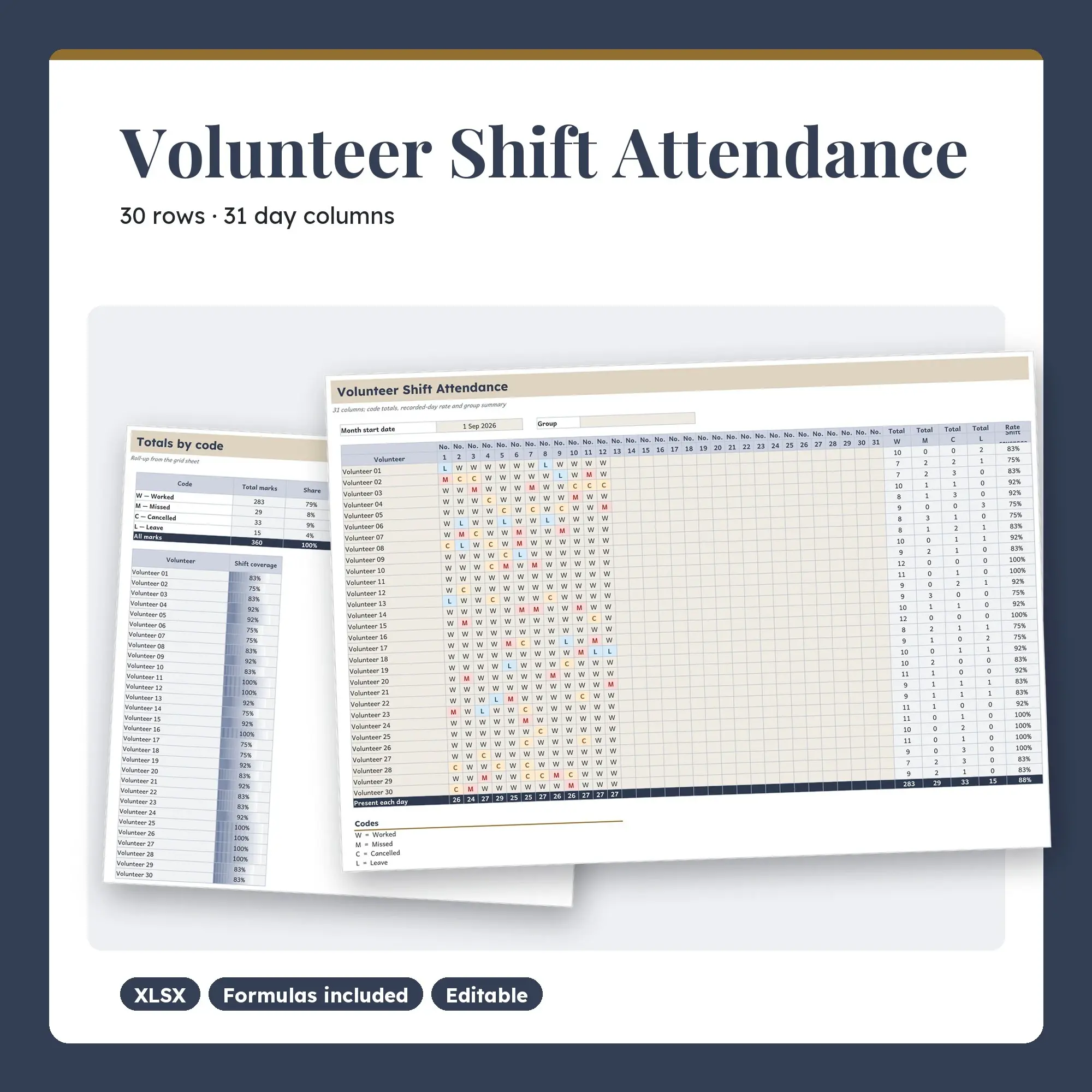 Volunteer Shift Attendance Spreadsheet, Monthly 30-Row Register (XLSX) preview