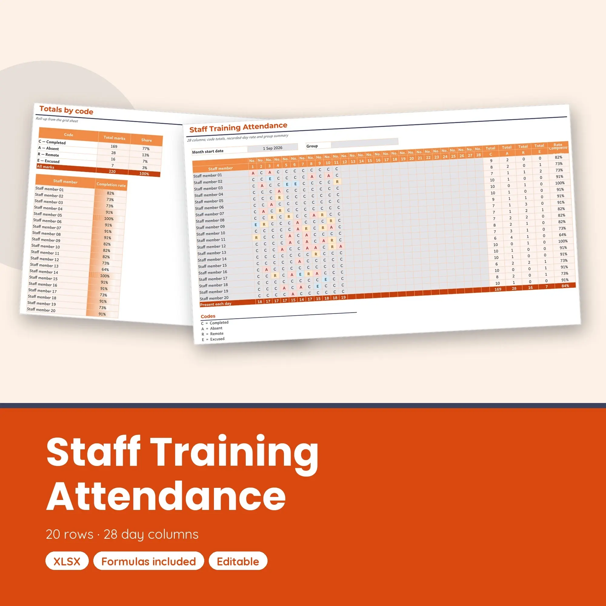 Staff Training Attendance Spreadsheet, Four Week 20-Row Register (XLSX) preview