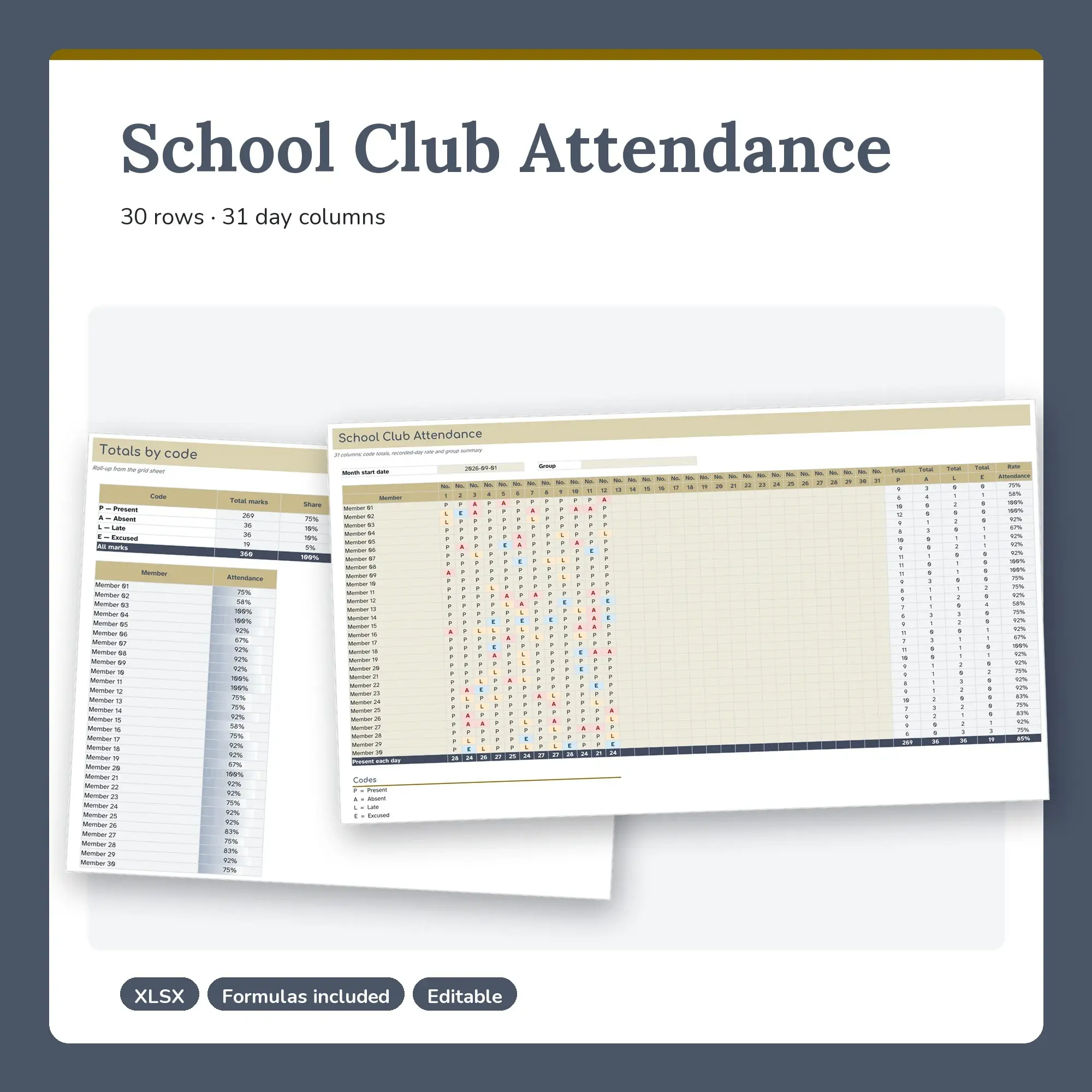 School Club Attendance Spreadsheet, Monthly 30-Row Register (XLSX) preview