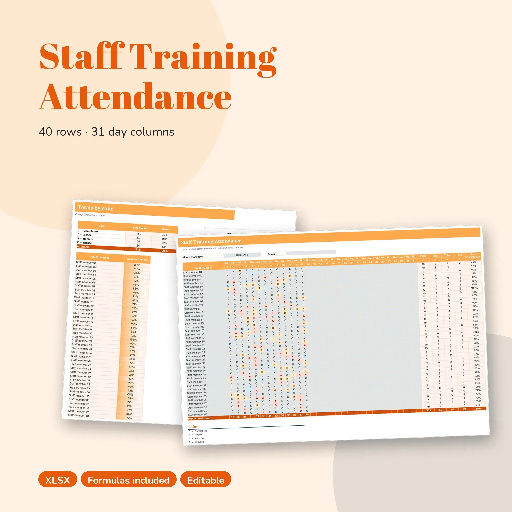 Staff Training Attendance Spreadsheet, Large Group 40-Row Register (XLSX) preview