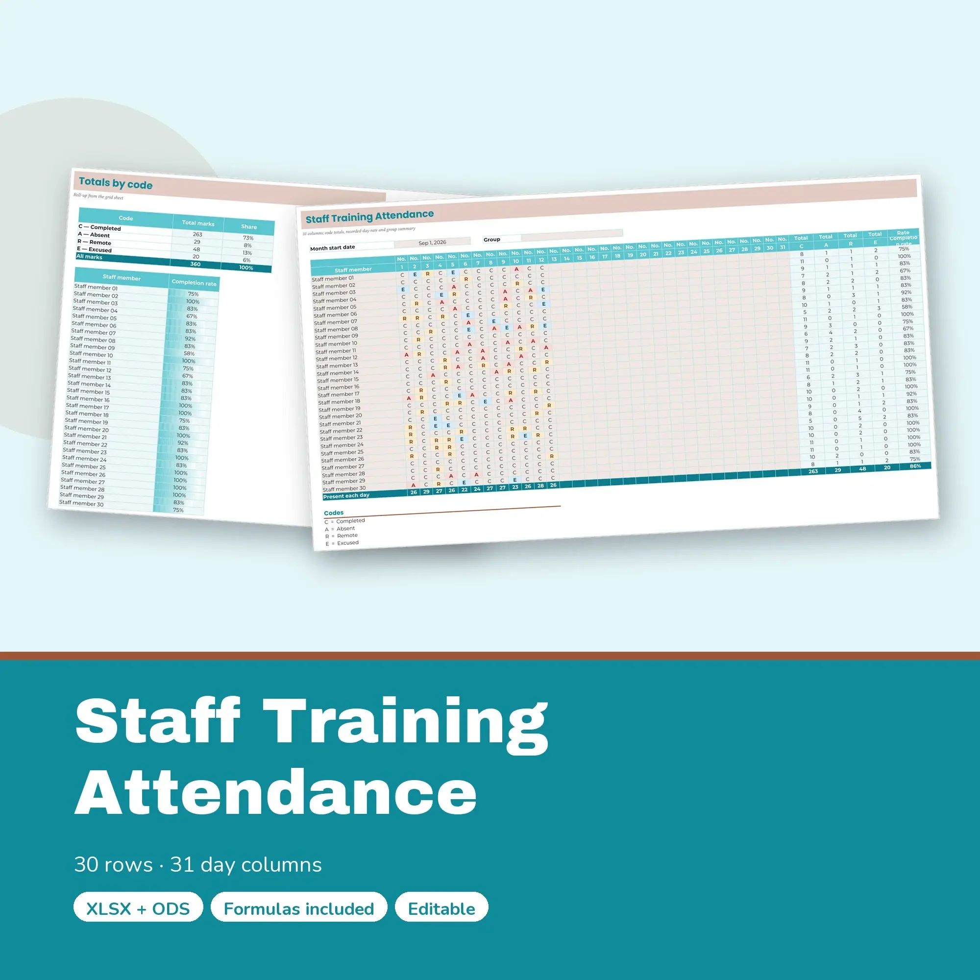 Staff Training Attendance Spreadsheet, Monthly 30-Row Register (XLSX + ODS) preview