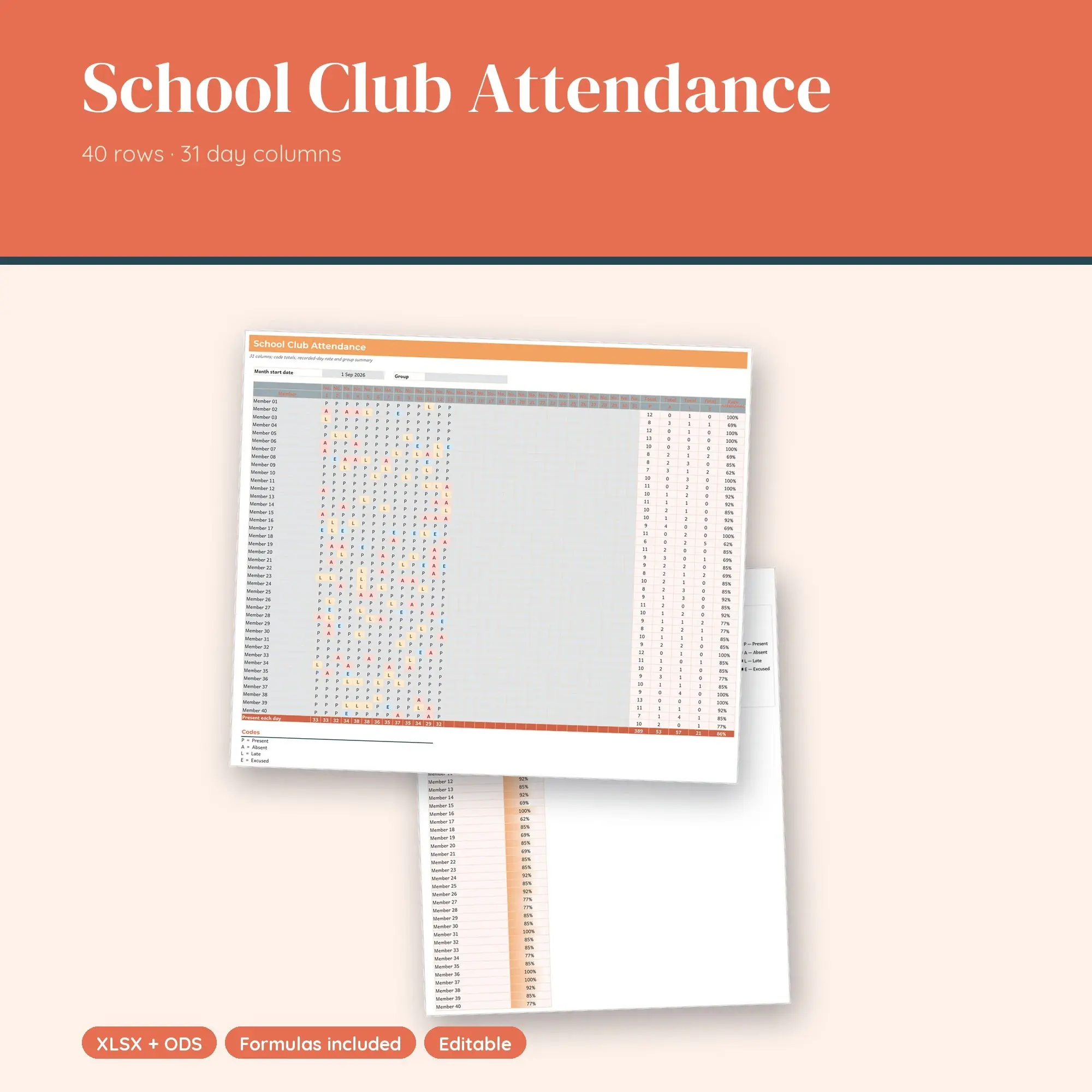 School Club Attendance Spreadsheet, Large Group 40-Row Register (XLSX + ODS) preview