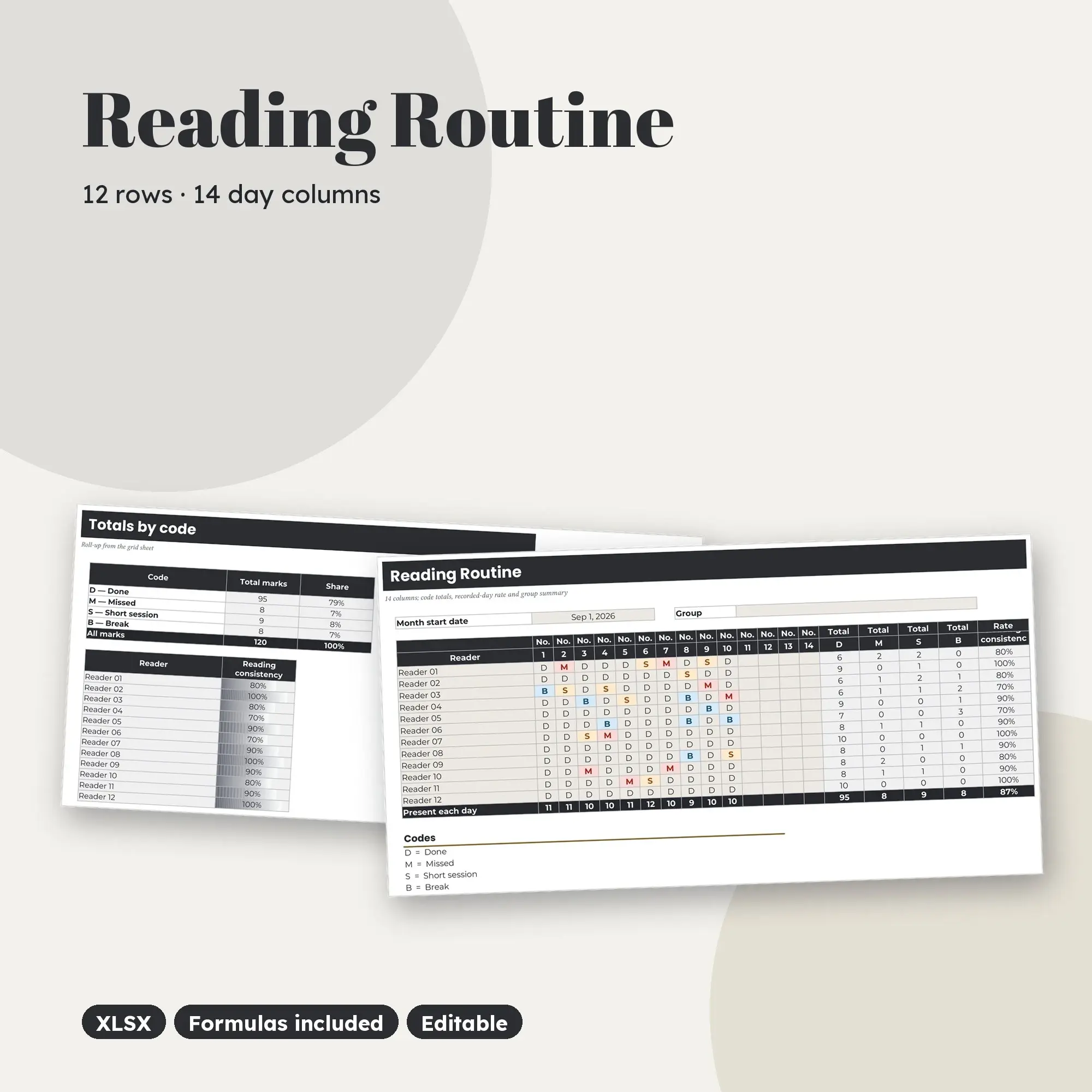 Reading Routine Spreadsheet, Fortnight 12-Row Register (XLSX), preview 1 of 2