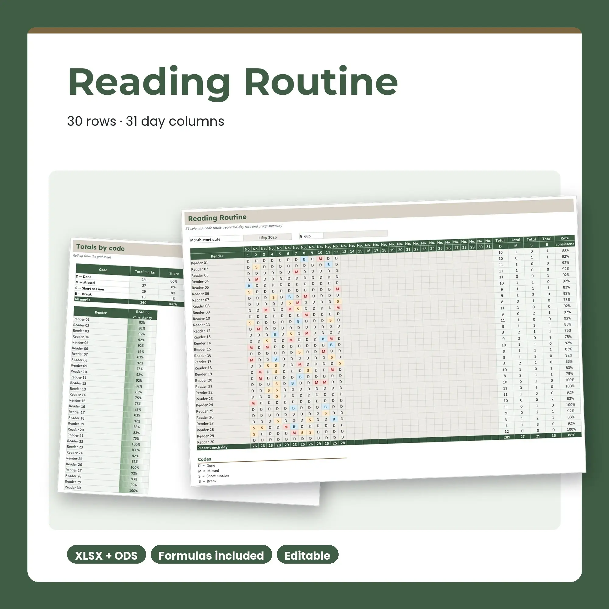 Reading Routine Spreadsheet, Monthly 30-Row Register (XLSX + ODS) preview