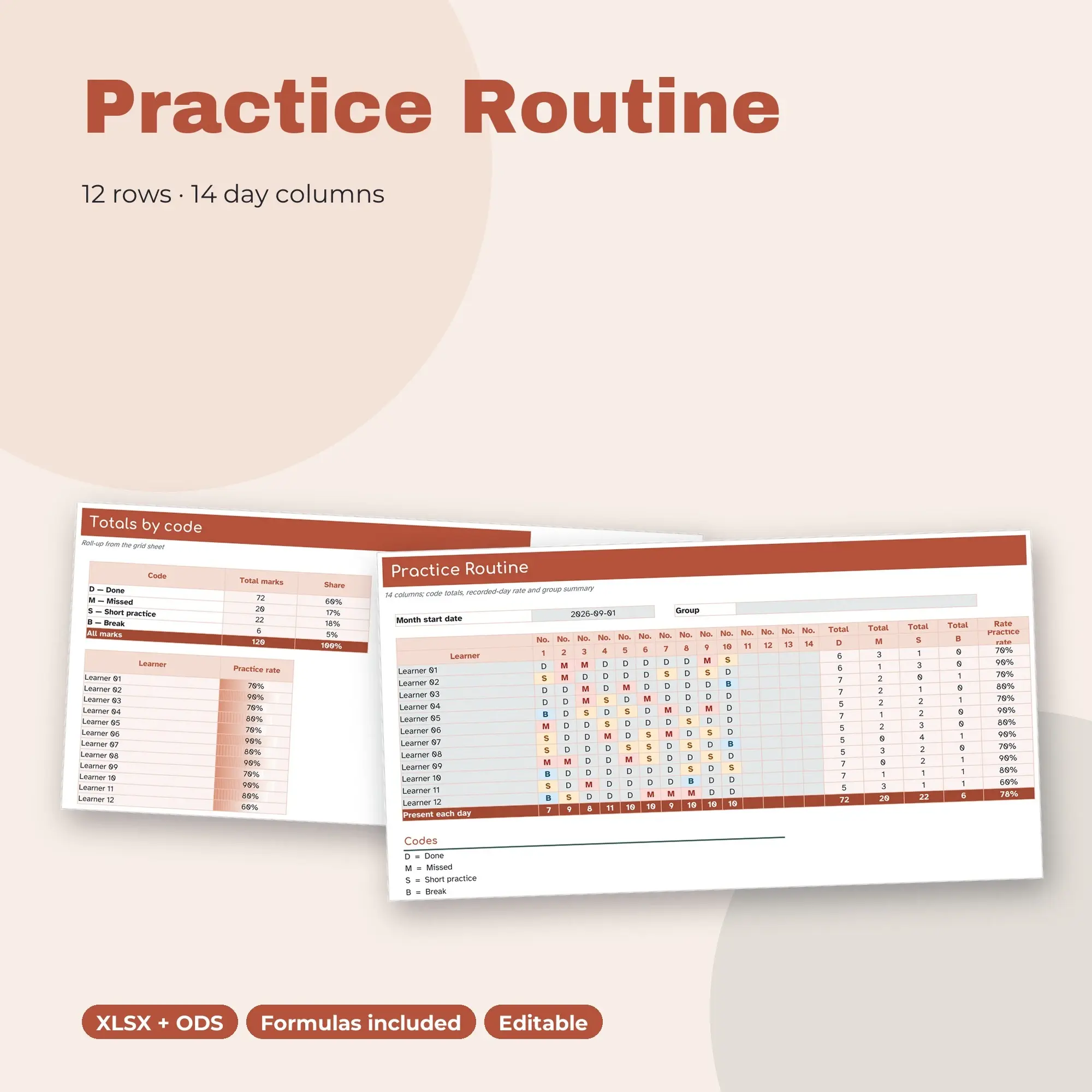 Practice Routine Spreadsheet, Fortnight 12-Row Register (XLSX + ODS) preview