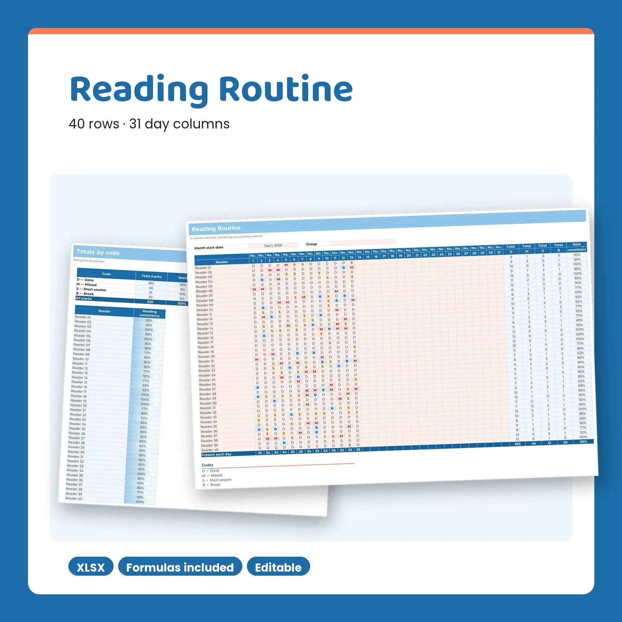 Reading Routine Spreadsheet, Large Group 40-Row Register (XLSX) preview