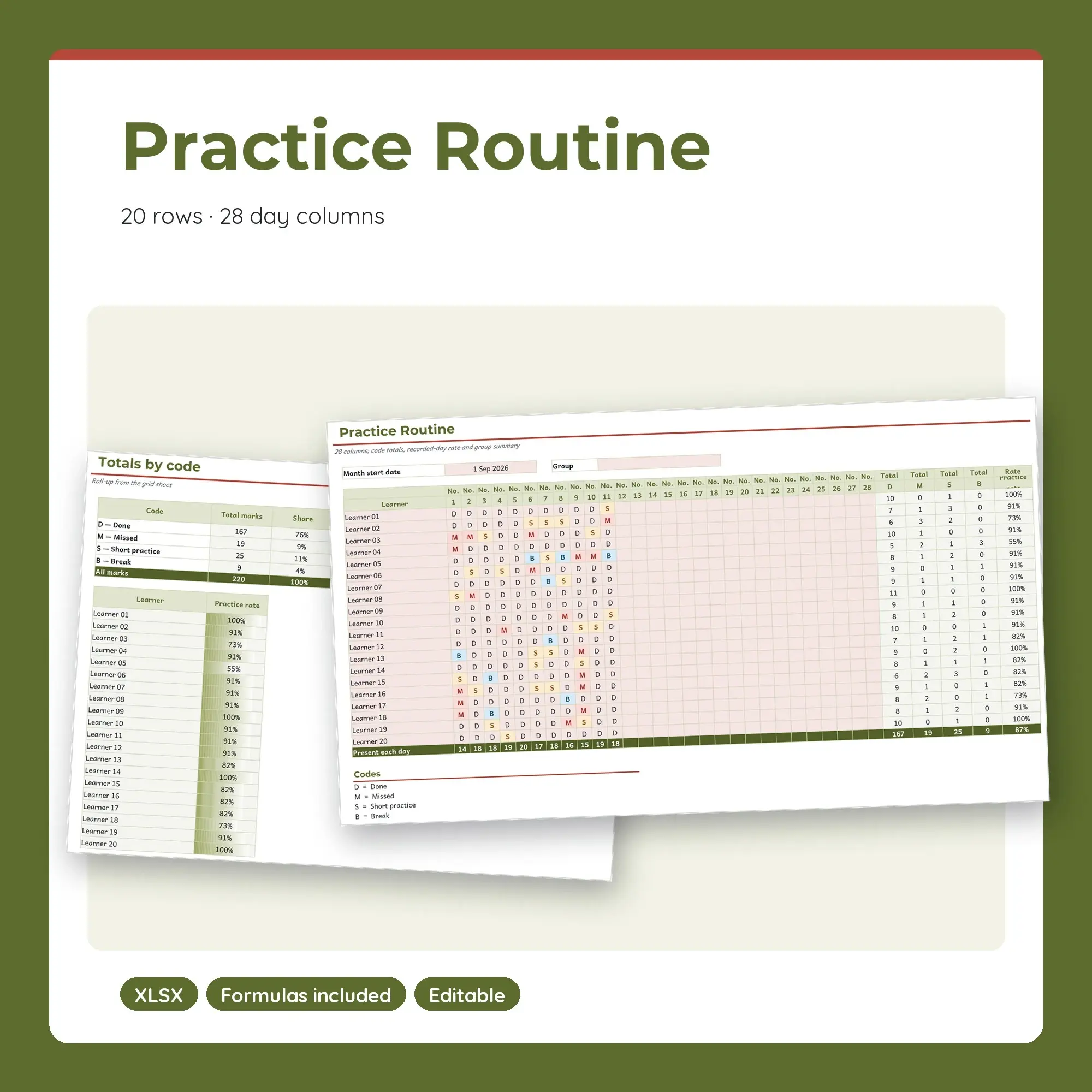 Practice Routine Spreadsheet, Four Week 20-Row Register (XLSX) preview