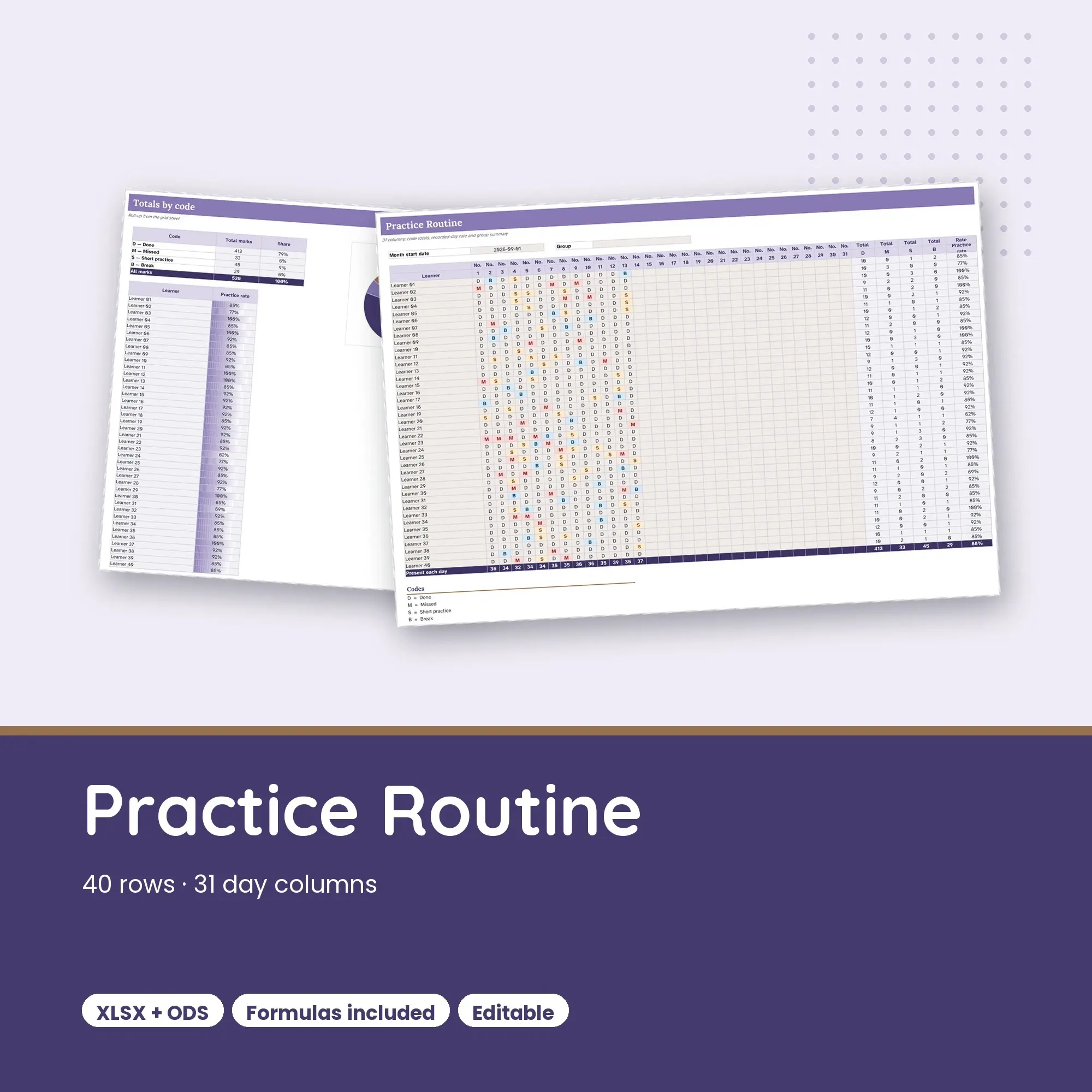 Practice Routine Spreadsheet, Large Group 40-Row Register (XLSX + ODS) preview