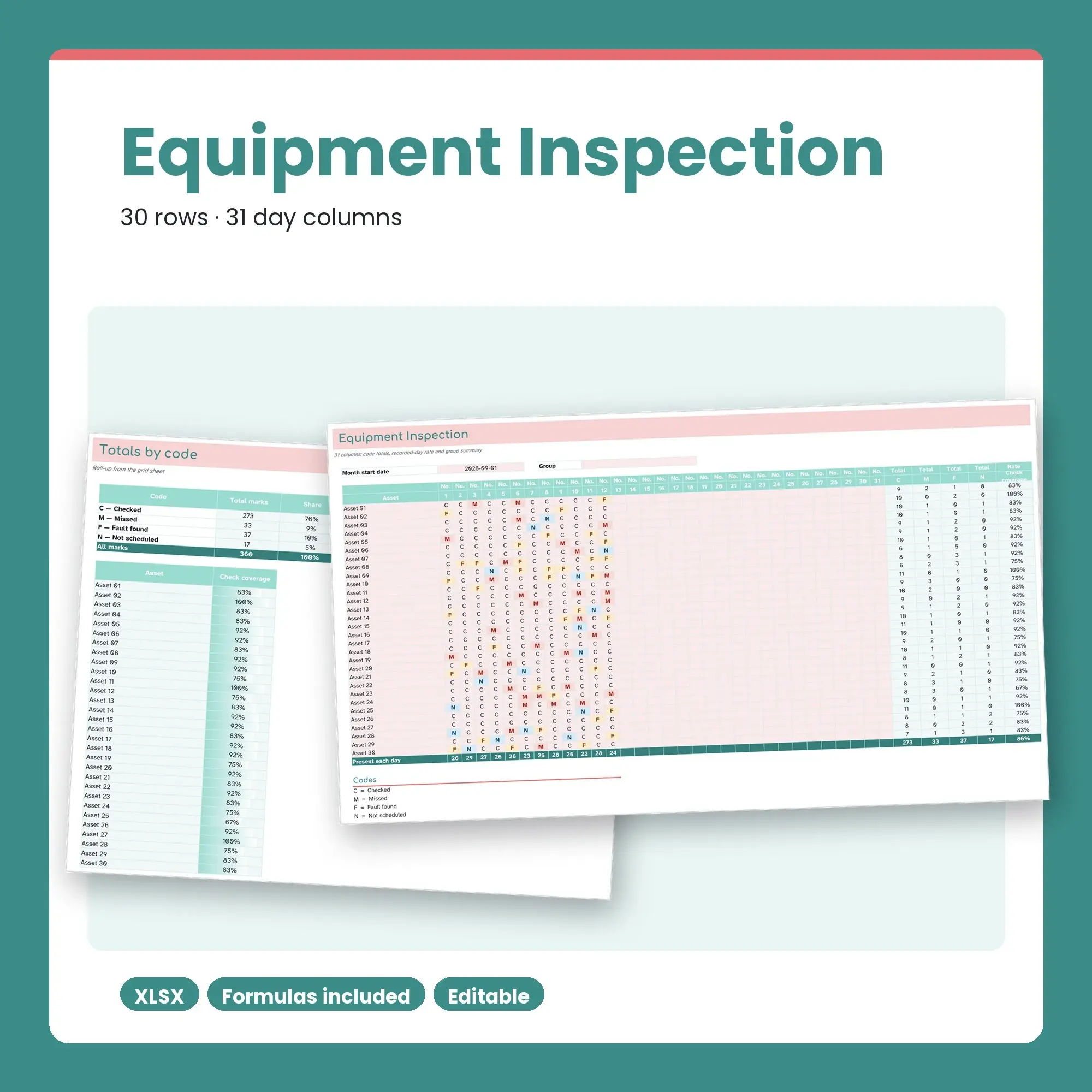 Equipment Inspection Spreadsheet, Monthly 30-Row Register (XLSX) preview