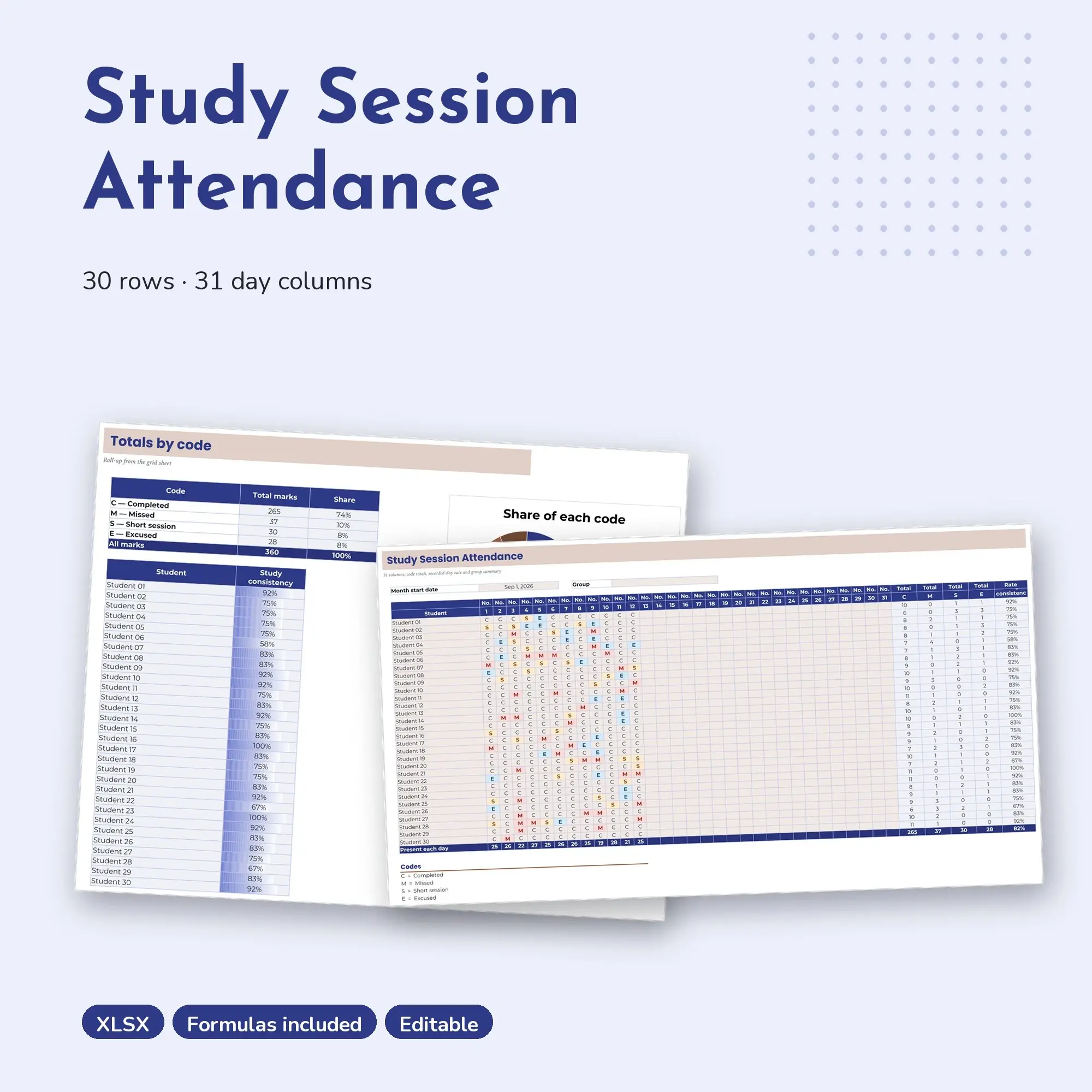 Study Session Attendance Spreadsheet, Monthly 30-Row Register (XLSX) preview