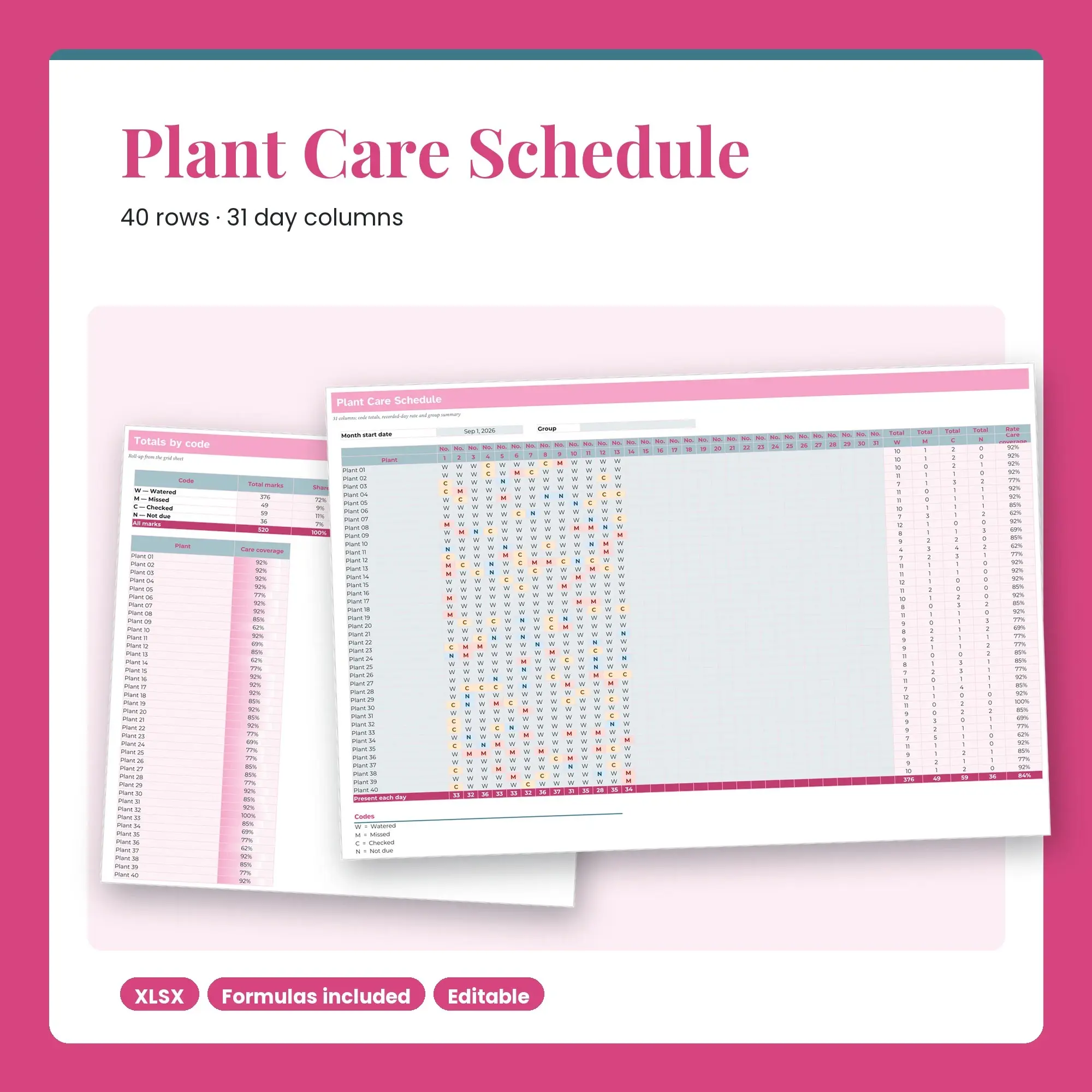Plant Care Schedule Spreadsheet, Large Group 40-Row Register (XLSX) preview