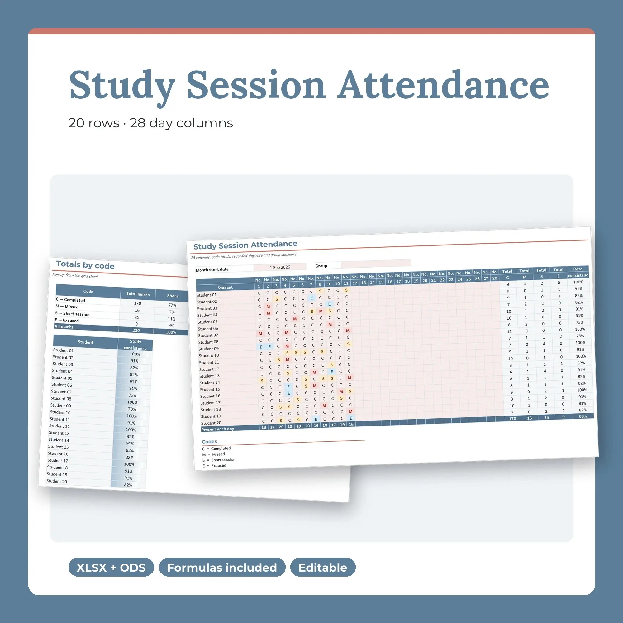 Study Session Attendance Spreadsheet, Four Week 20-Row Register (XLSX + ODS) preview