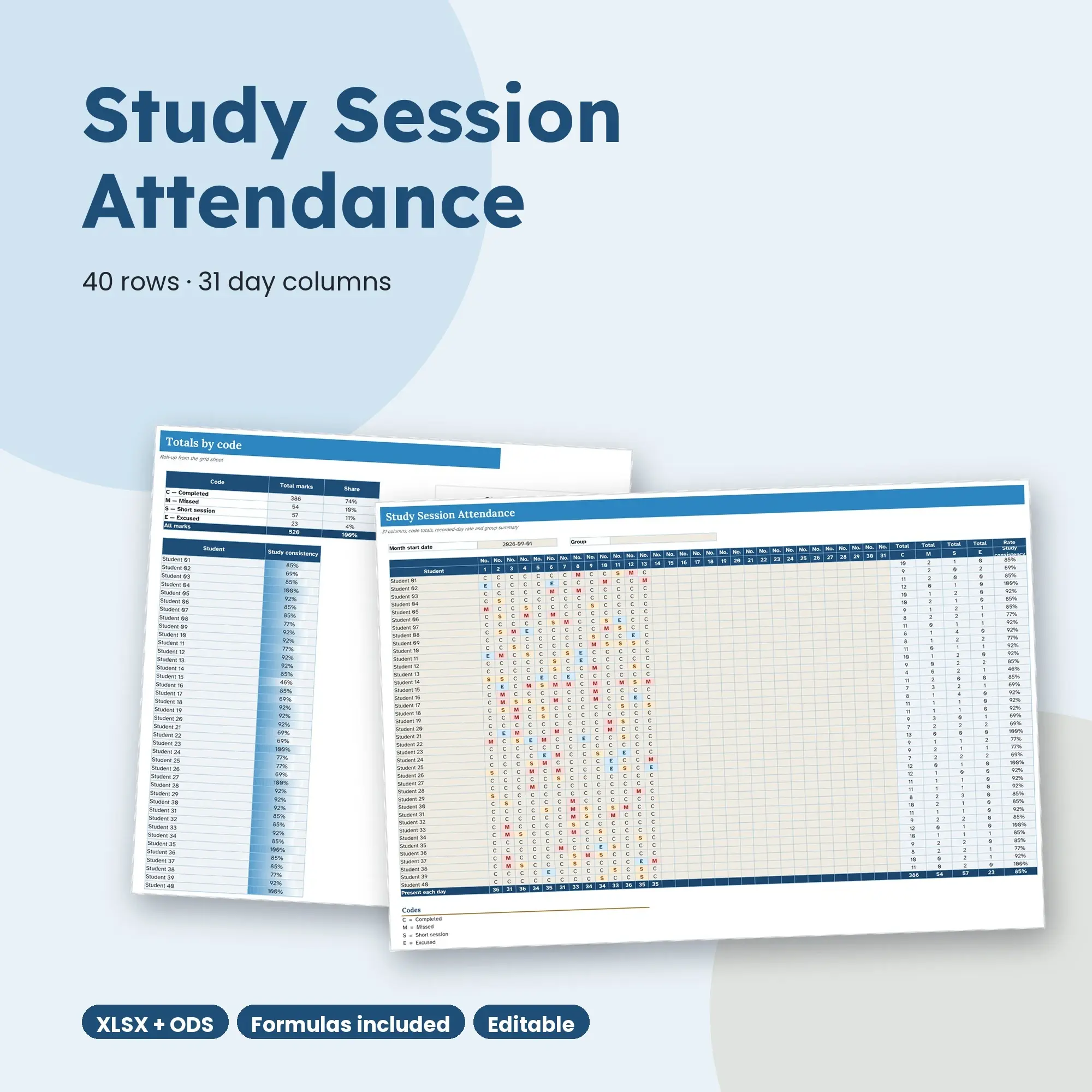 Study Session Attendance Spreadsheet, Large Group 40-Row Register (XLSX + ODS) preview